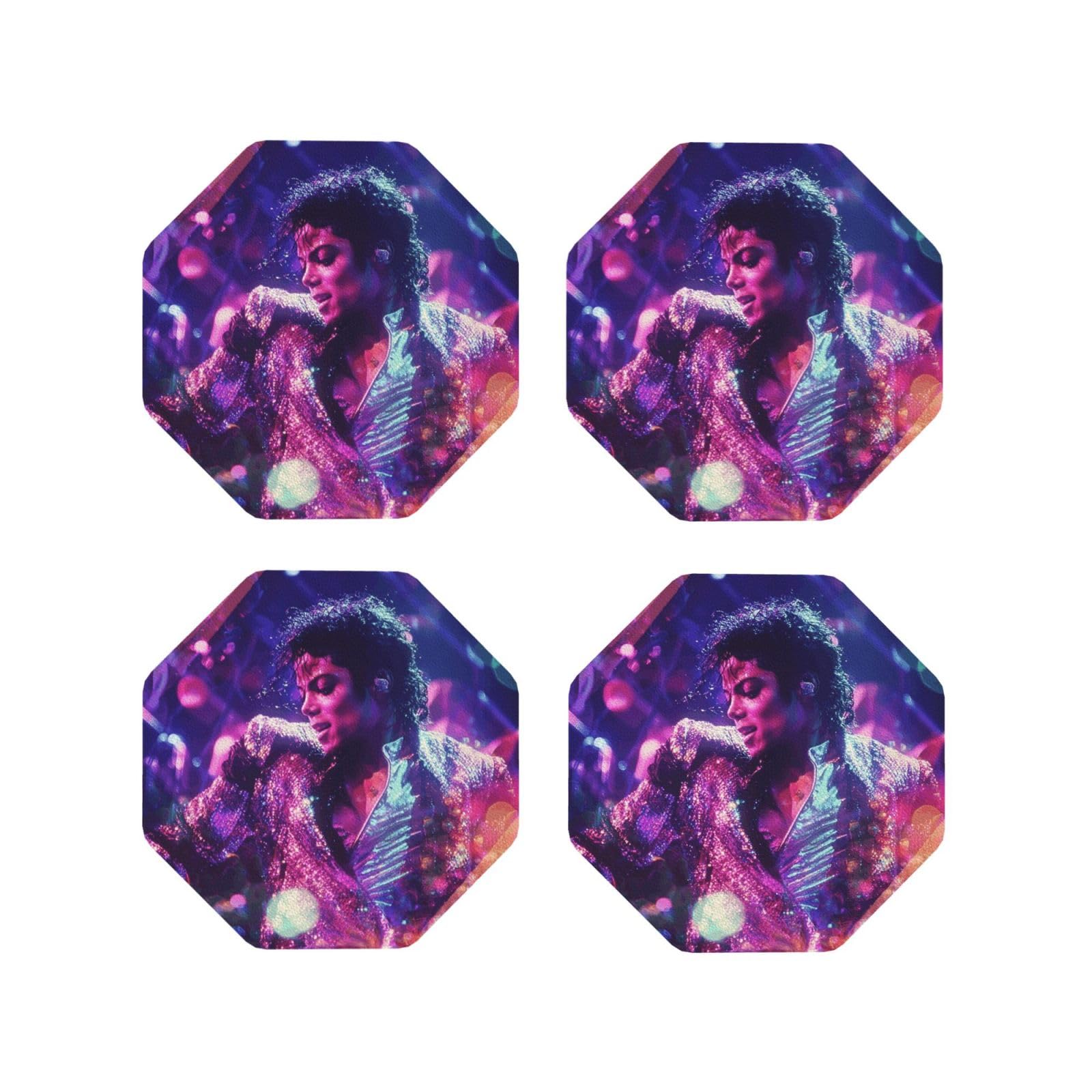Coasters Set of 4 Round Leather Coaster Quick-Dry Drink Michael Jackson Coasters for Desk Absorbent Mugs Pads Tabletop Protection Pad Heat Resistant Coffee Cup Mat for Kitchen Bar