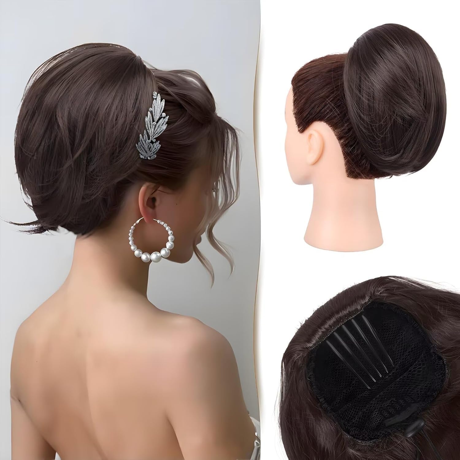 PORSMEER Dark Brown Hair Bun Ponytail Extension,Short Straight Synthetic Hairpiece Drawstring Ponytail Bun Extensions with Comb Clip in Fake Pony Tails Hairpieces for Women Daily Party