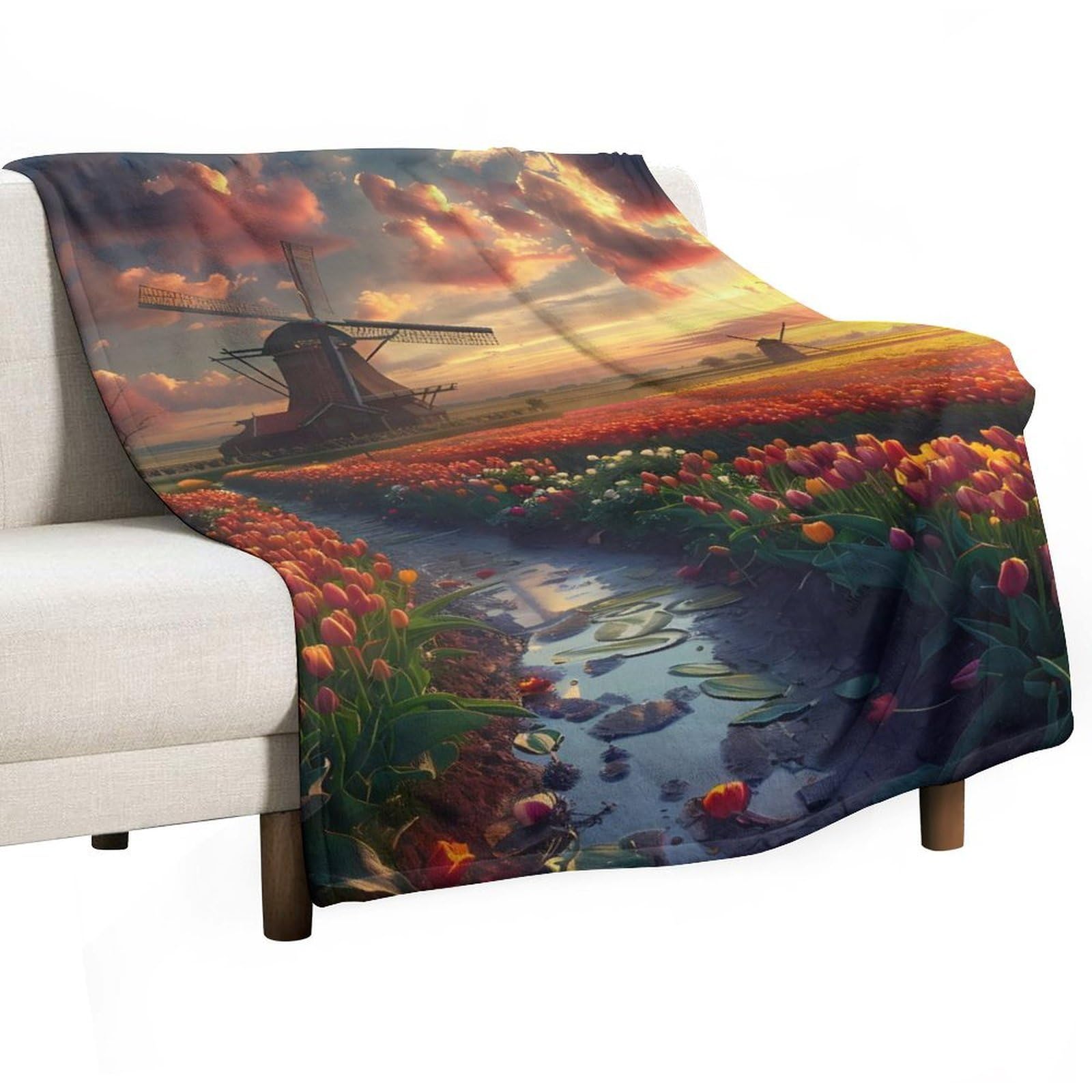 Cgsbngha Style Vibrant Tulips Field With Dutch Windmills Flannel Fleece Blanket Lightweight Soft Throw Blankets For Sofa Couch Bed Chair