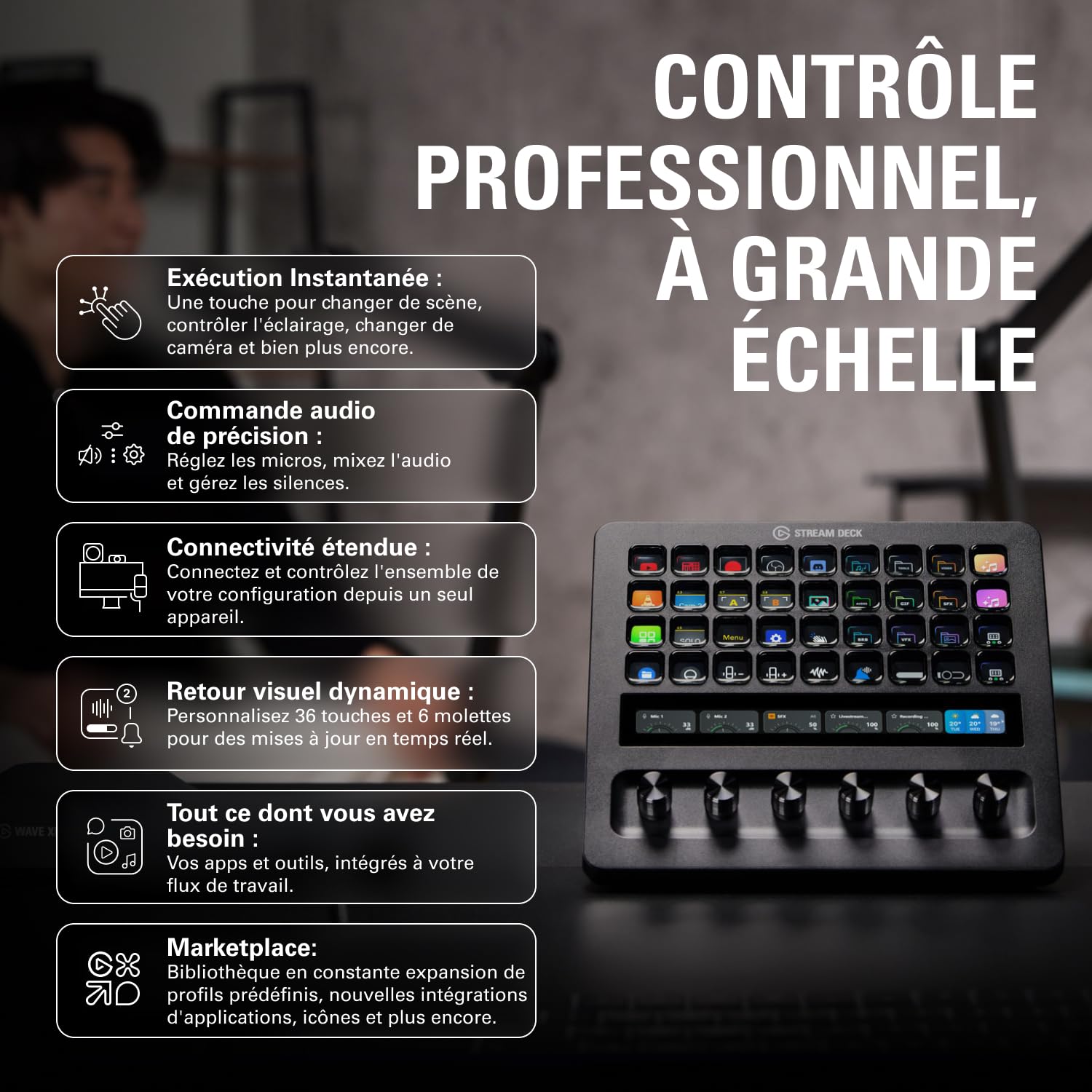 Elgato Stream Deck + XL, plateforme de contrôle personnalisable | Touches macro, molettes multifonctions, bande tactile, USB-C, PC/Mac
