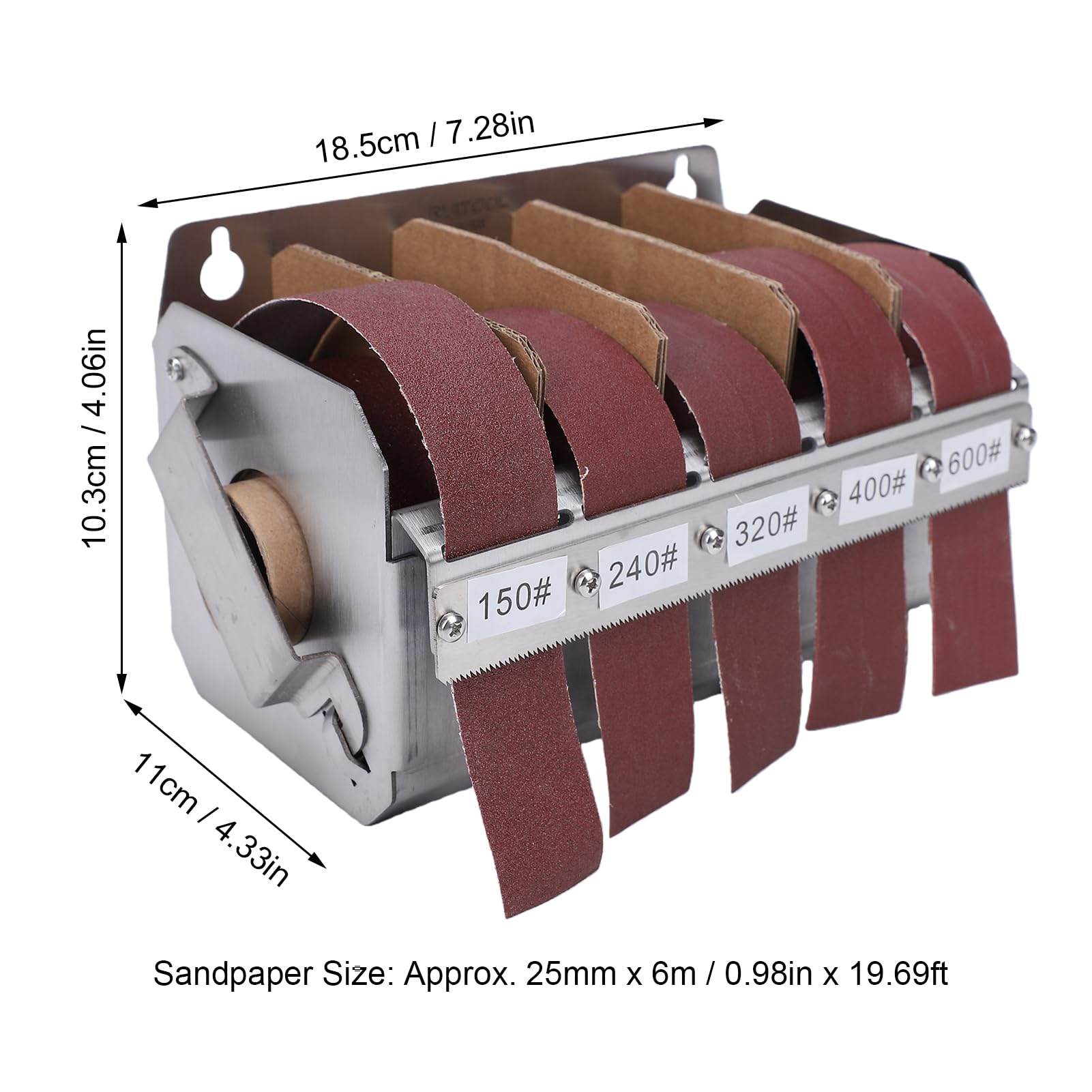 Schleifleinenrolle mit 5 Körnungen, 25 Mm X 6 M Schleifpapierrolle mit Spender, Schleifpapier in den Körnungen 150, 240, 320, 400 und 600 für Holz, Metall, Möbel Autopolitur