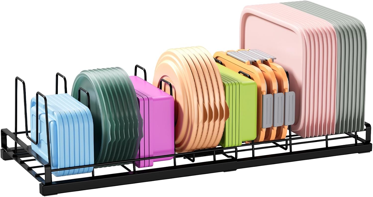 Expandable Food Container Lid Organizer, 9 Adjustable Dividers Sturdy Metal Pot and Pan Organizer Rack for Kitchen Cabinets, Drawers, Pantry Shelves, Countertops, Black, 8.15" Wide