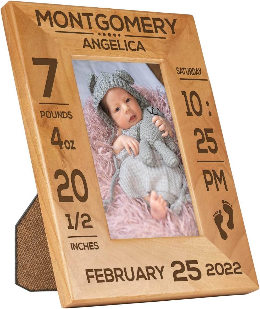 PlaqueMaker Personalized New Baby Information Picture Frame - Include the Name, Birthday, Weight, Length and Time of Birth (Red Alder Wood)