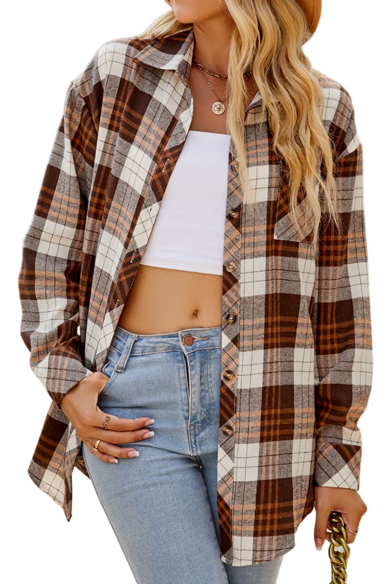 CHYRII Womens Button Down Flannel Shirts Long Sleeve Plaid Shackets Business Casual Blouse Top, Chocolate-7123, L