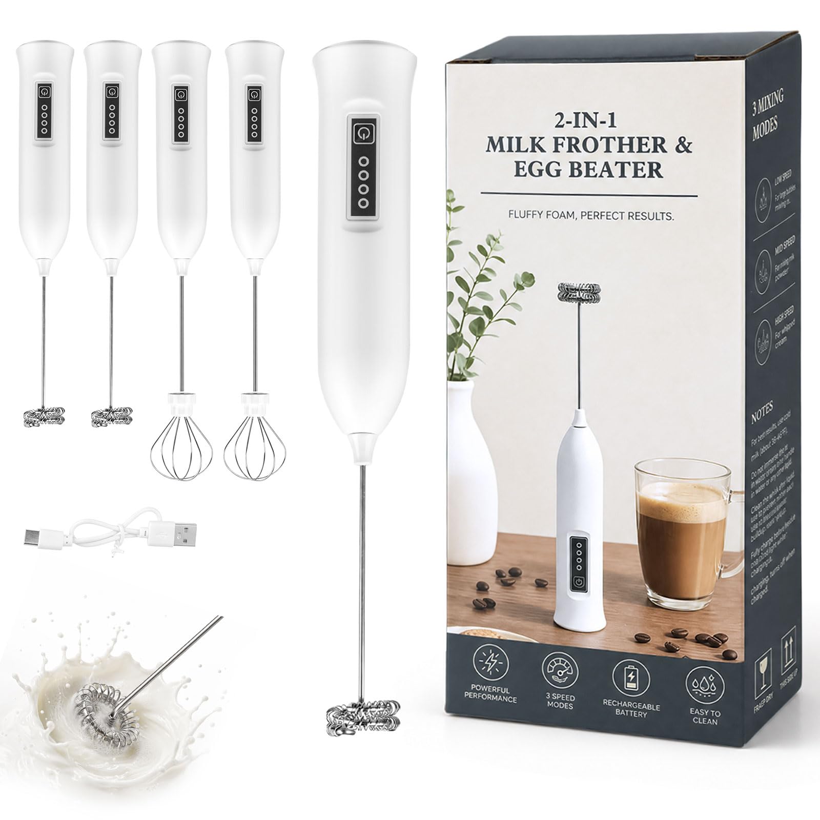 Espumador de leche de mano de 3 velocidades con caja de regalo