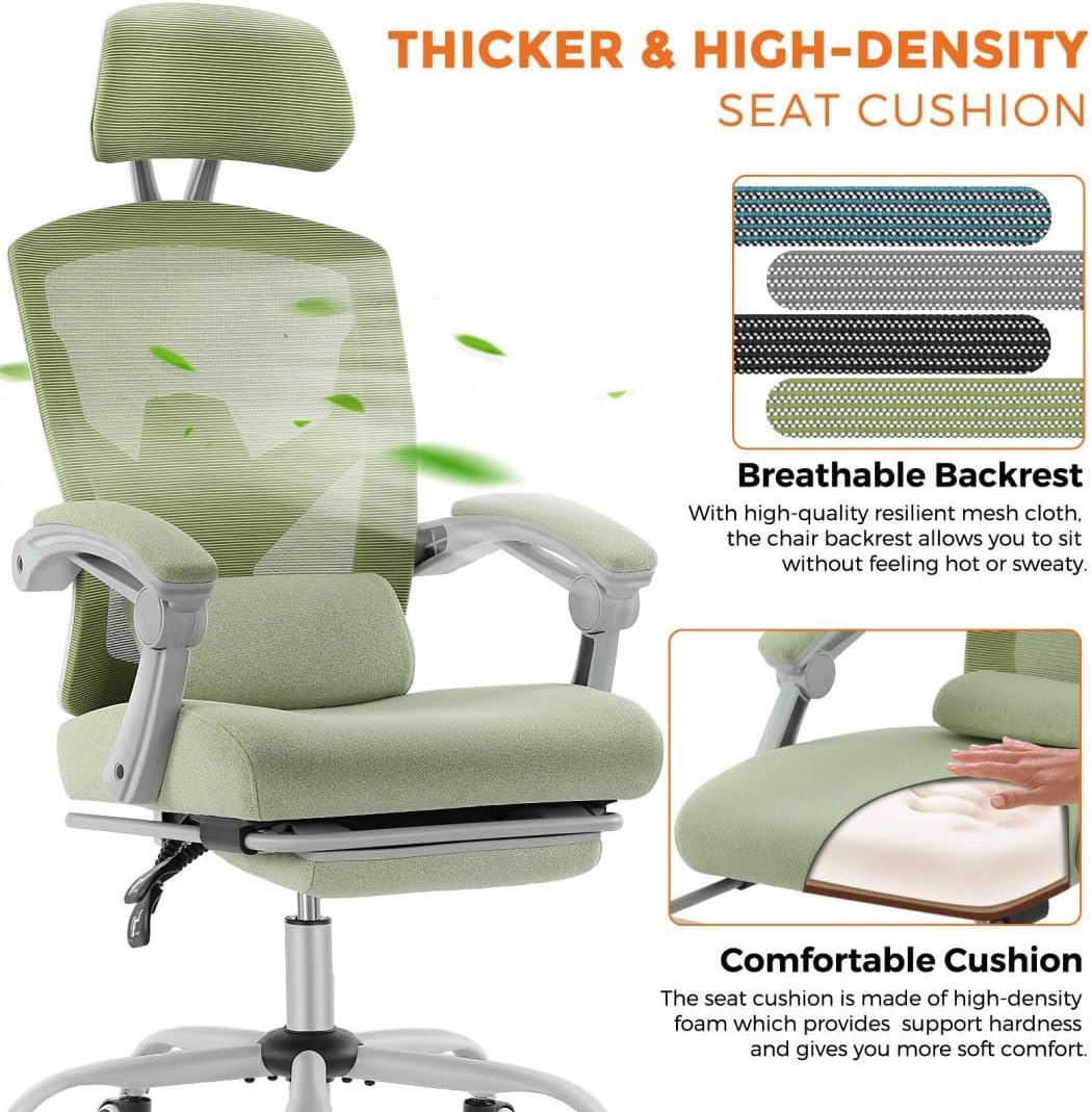 Ergonomic Office Computer Desk Chair with Lumbar Pillow and Retractable Footrest, High-Back Mesh Rolling Swivel Armchairs for Home, Gaming, Student, Green
