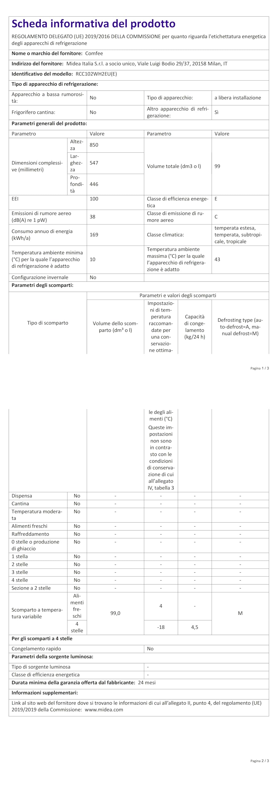 COMFEE' RCC102WH2EU(E) Congelatore contenitore indipendente 99L, convertibile in congelatore/frigorifero, inverter, classificazione a 4 stelle, adatto per garage, bianco