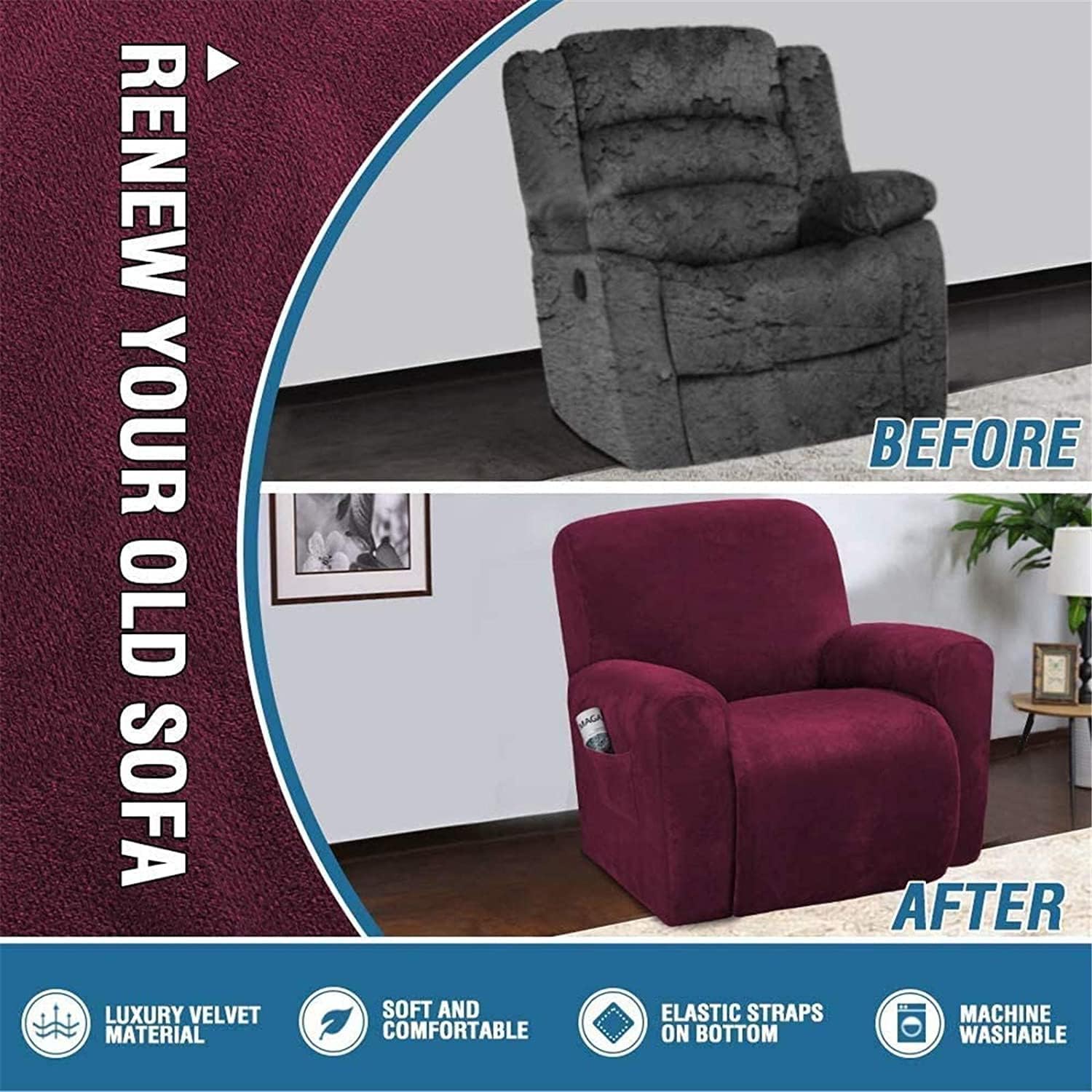 Velvet Recliner Covers Stretch Reclining Slipcover Super Soft Armchair Couch Covers Living Room Sofa Protector with Side Pocket for Kids Cats Dogs (Color : Wine Red)