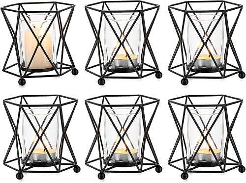 NUPTIO Portavelas geométrico 6 piezas de centro de mesa de té negro a granel para mesa hexagonales de metal con taza de cristal, candelabros
