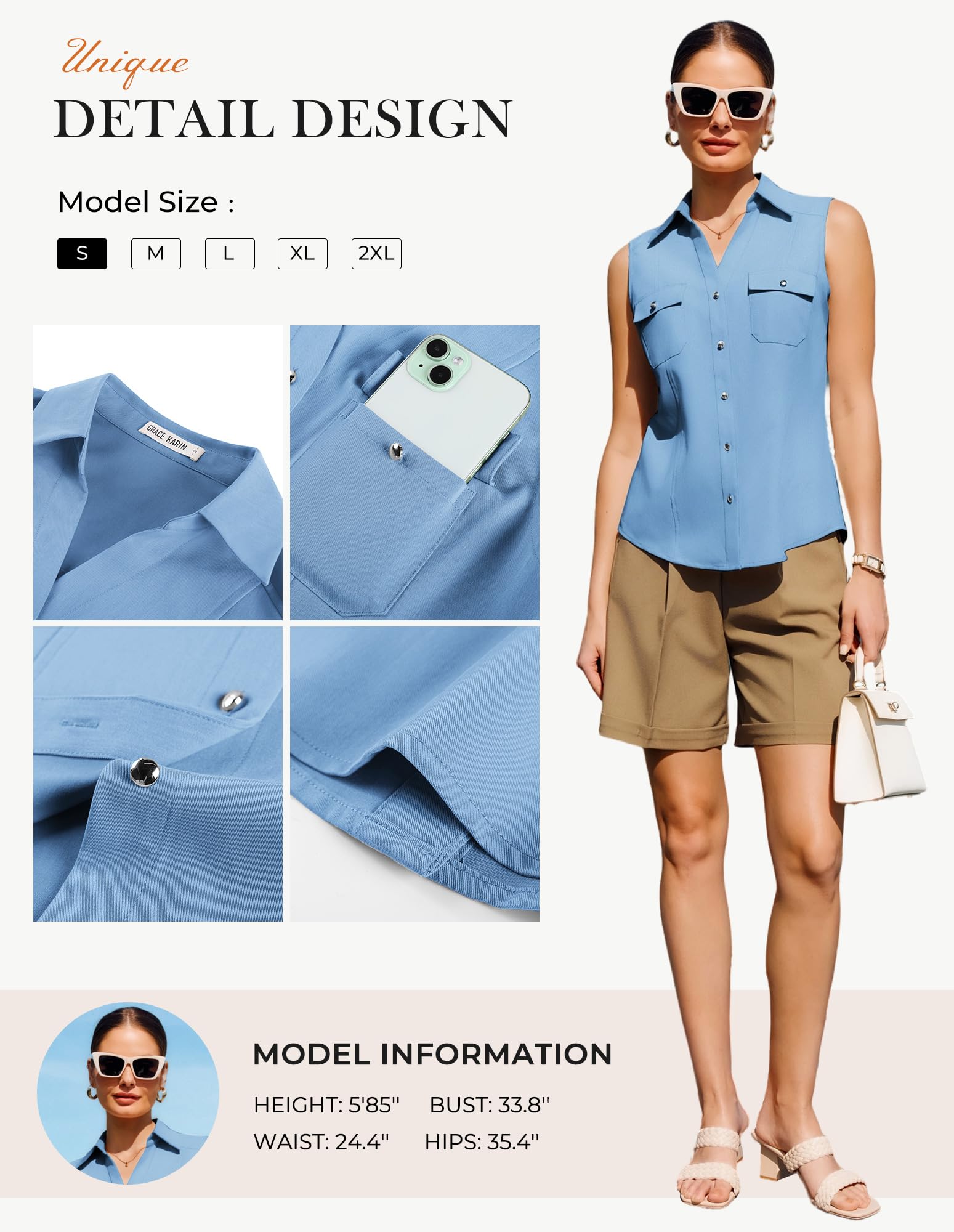 GRACE KARIN Chemise boutonnée sans manches pour femme, col à revers, col en V, chemisier décontracté pour l'été, le bureau, le travail