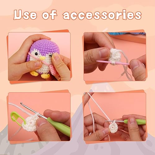 Miniatura 6 de IMZAY Paquete de 4 kits de ganchillo para principiantes, kit de animales para principiantes, lindo principiante con video tutorial, 2 ganchos, hilos