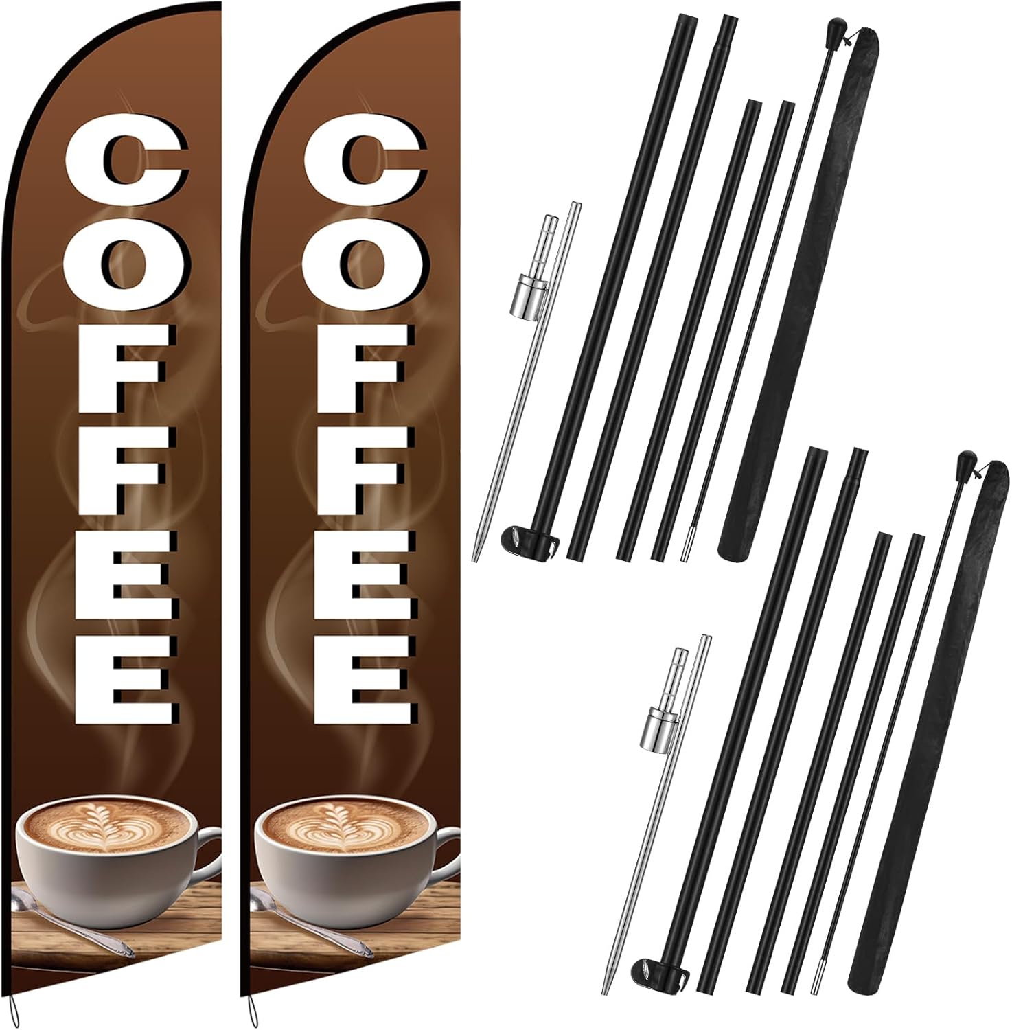 Remagr 2 Pcs 15 ft Coffee Feather Flag Coffee Advertising Swooper Banner with Pole and Ground Stake Windless Shop Sign Tall for Outdoor Business Advertising