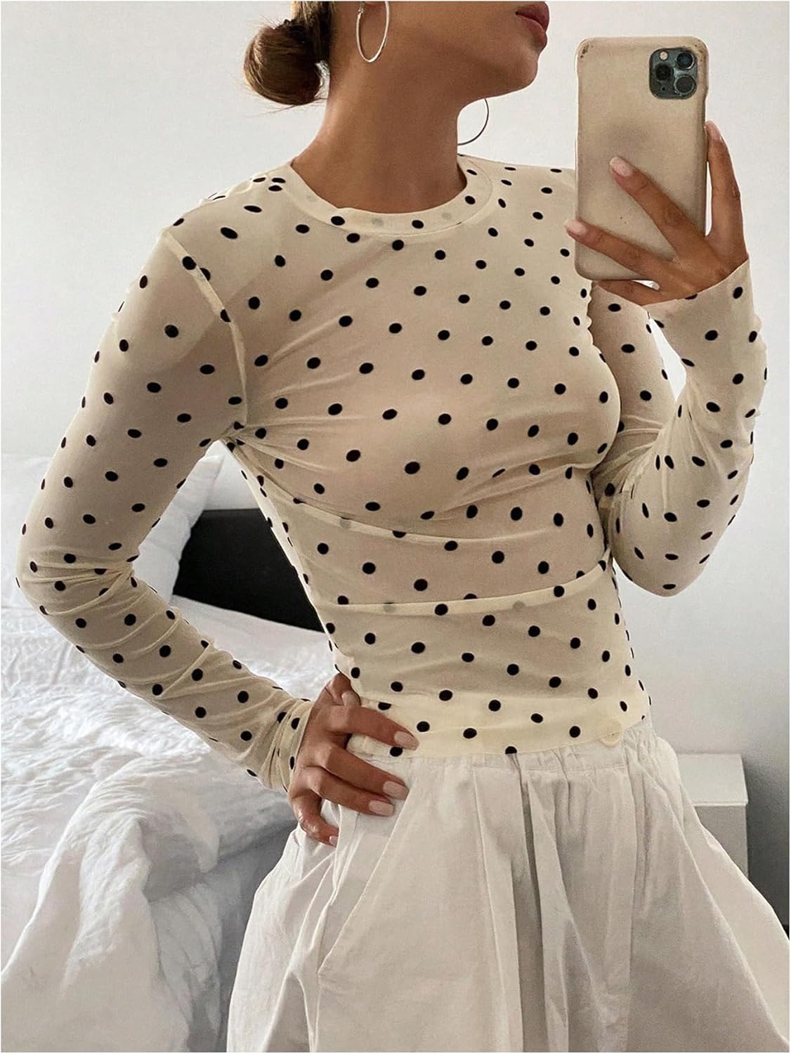 SHENHE Women's Polka Dots Sheer Mesh T Shirt Long Sleeve Round Neck Slim Fitted Streetwear Top - Image 3