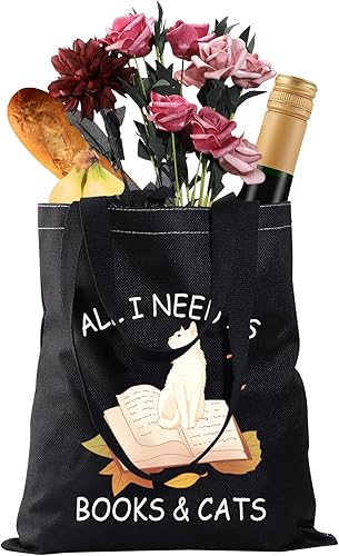 Vista 6 de CMNIM All I Need is Books and Cats Book Lover Gifts Tote Bag Funny Reader Gift for Cat Lover Tote Bag Librarian Bookworm Gift