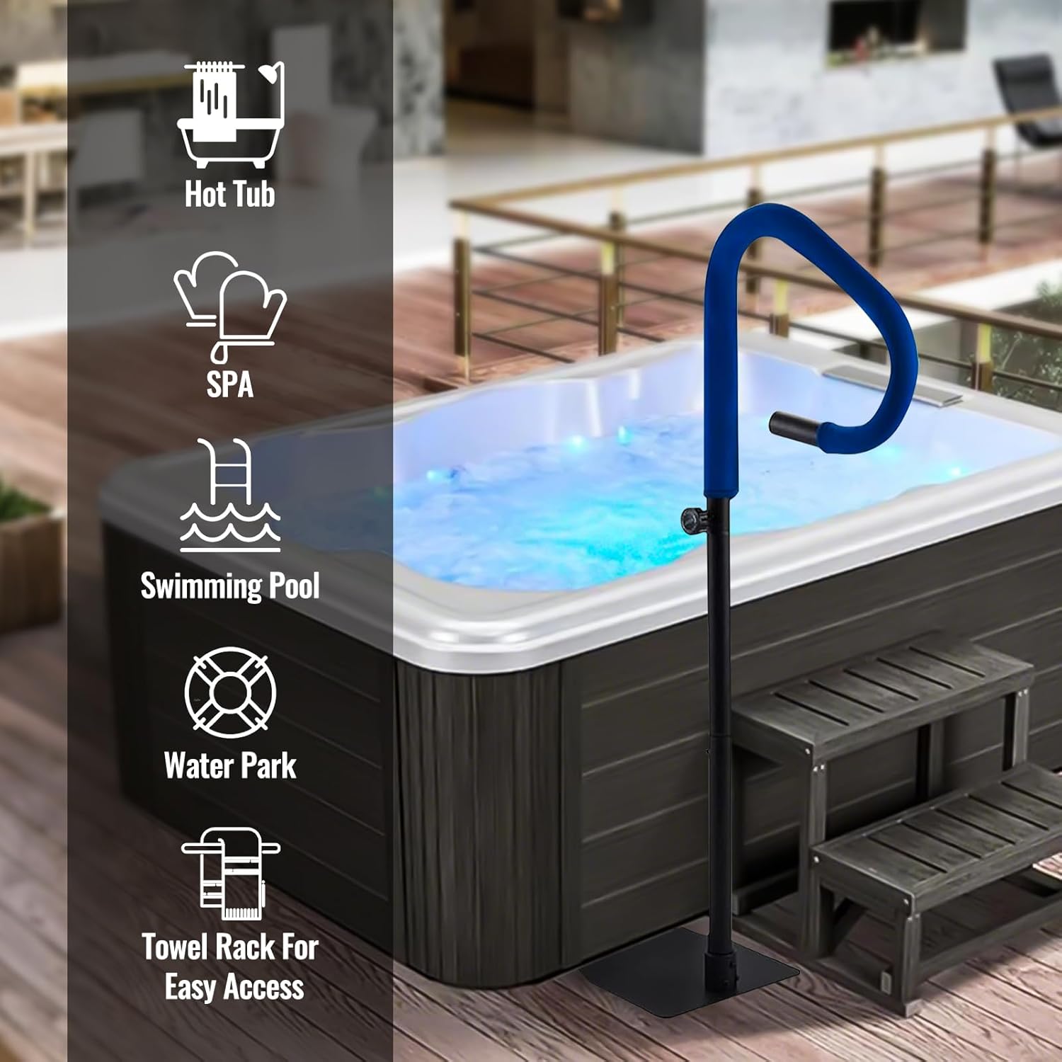 Hot Tub Handrail, 360° Rotatable Spa Side Handrail with Adjustable Height, Rust-Proof Spa Step Hand Rail with Slide-Under Mount Base for Indoor & Outdoor Use, 600LBS Capacity