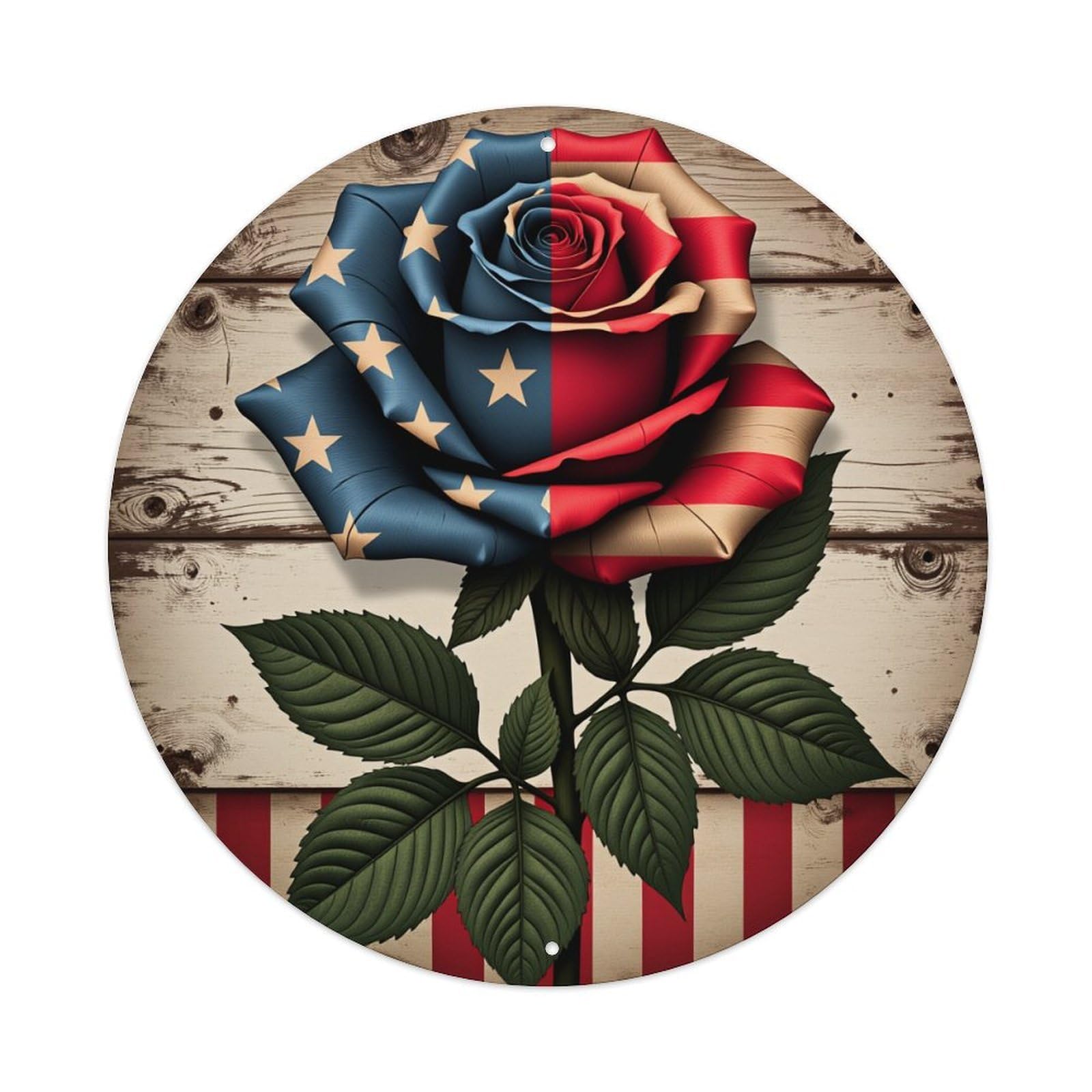 American Flag Rose Pattern Round Tin Sign Vintage Metal Poster, Home Bar Garage Man Cave Cafe Indoor & Outdoor Wall Decoration 8x8Inches