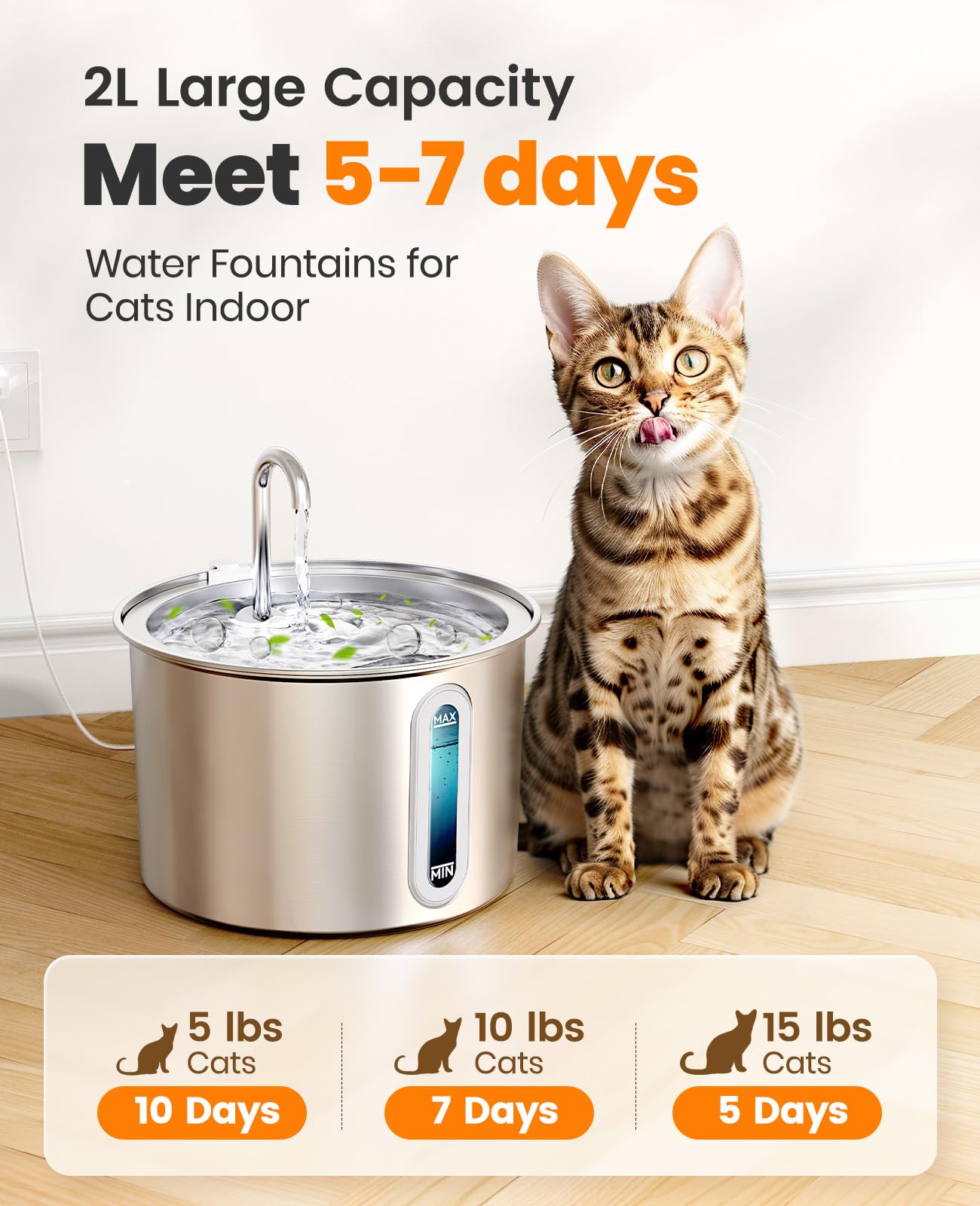 oneisall Fontana per gatti in acciaio inox, 2 l, fontana per gatti, super silenziosa, con finestra del livello dell'acqua, fontana per gatti, 3 filtri ai carboni attivi, lavabile in lavastoviglie,