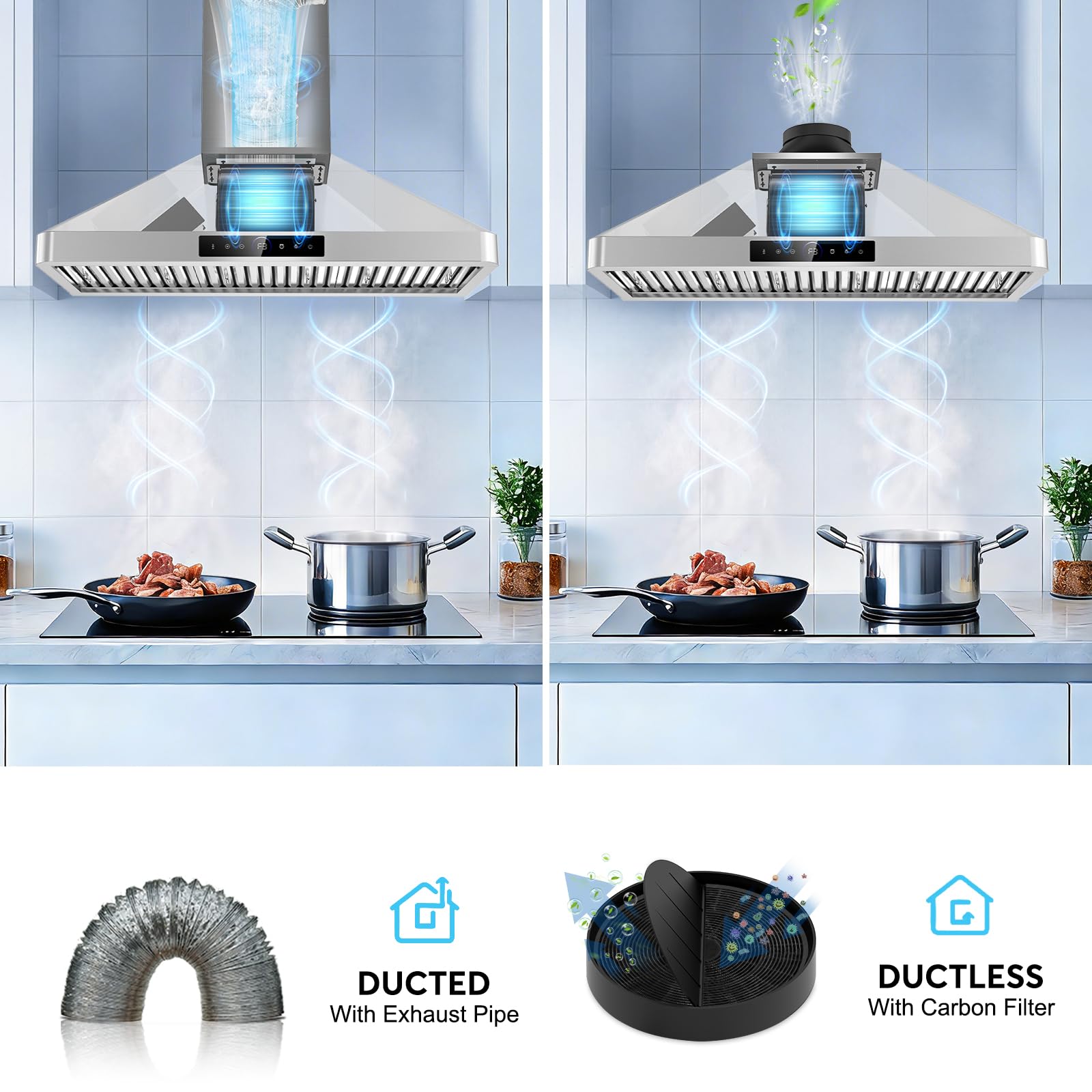 36 Inch Wall Mount Range Hood, 900 CFM Kitchen Hood with 4-Speed Fan, Ducted/Ductless Convertible, Gesture & Touch Control, Stainless Steel Stove Vent Hood with Adjustable LED and Auto Delay Shut-Off - 3