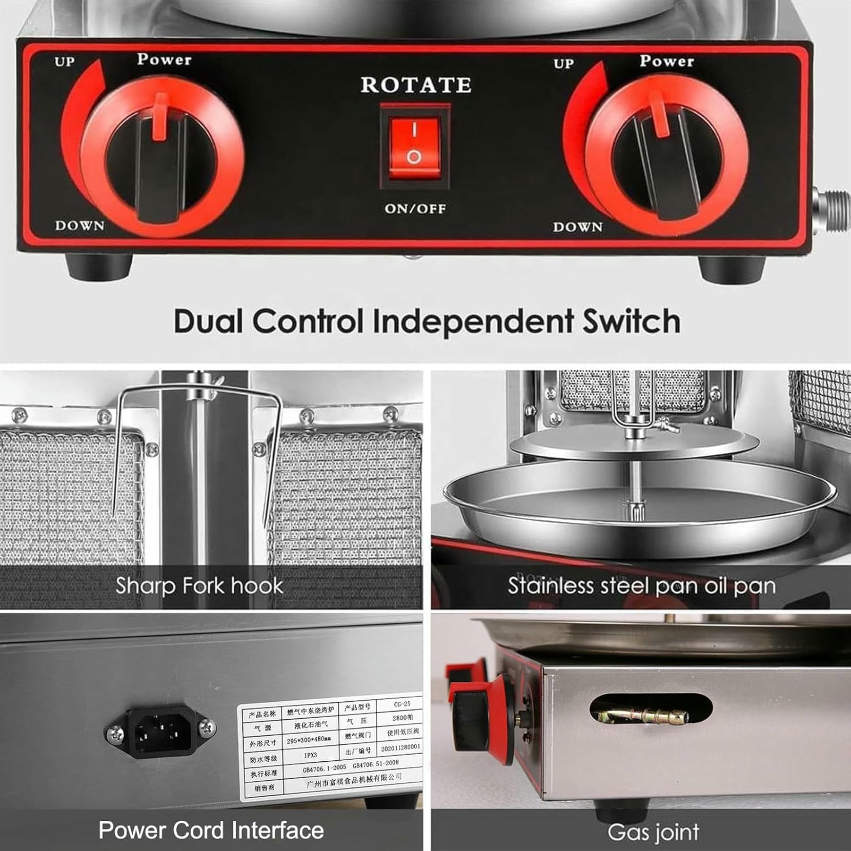 Máquina vertical de kebab, parrilla de gas de rotación automática, horno asador comercial y doméstico con 2 quemadores para kebabs perfectos, fácil operación y cocción versátil