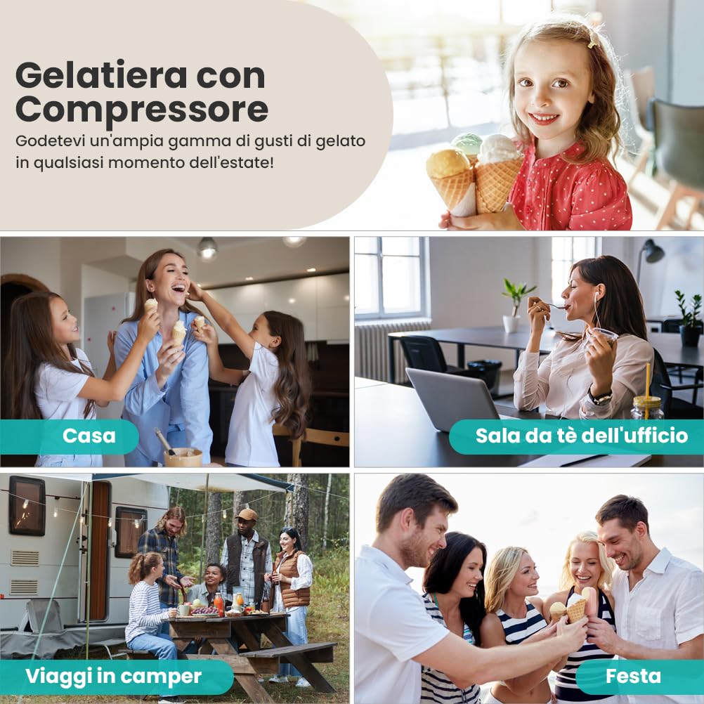 Gelatiera con Compressore 1,2L, Gelatiera per Gelato Professionale, Autorefrigerante Macchine Gelato, con Ciotola Estraibile in Alluminio/Paletta per Gelato/Tazze Graduate
