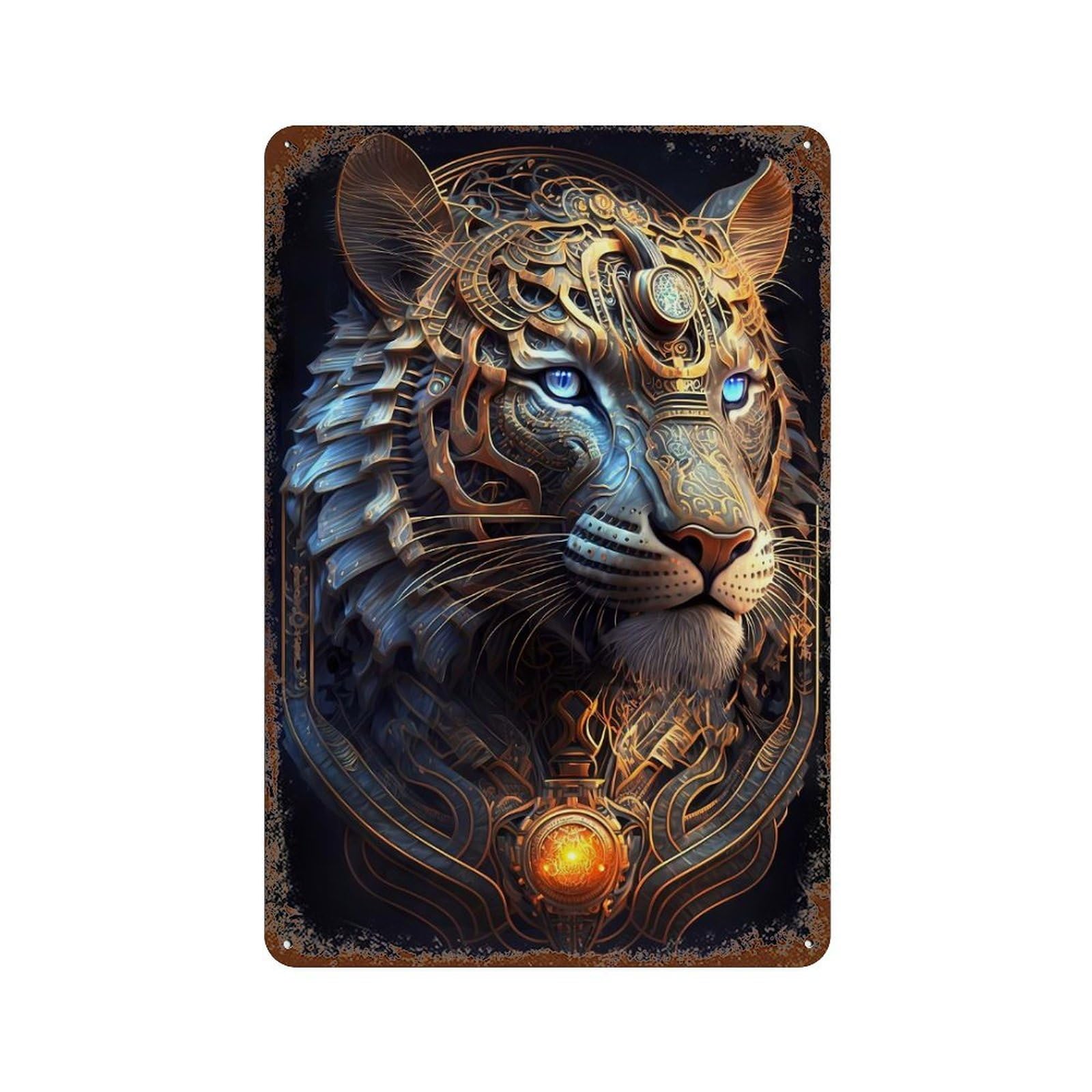 Garage Style Mystical Cosmic Tiger Rustic Tin Plaque 11.8"x7.9", Vintage Wall Decor for Bar And Workshop