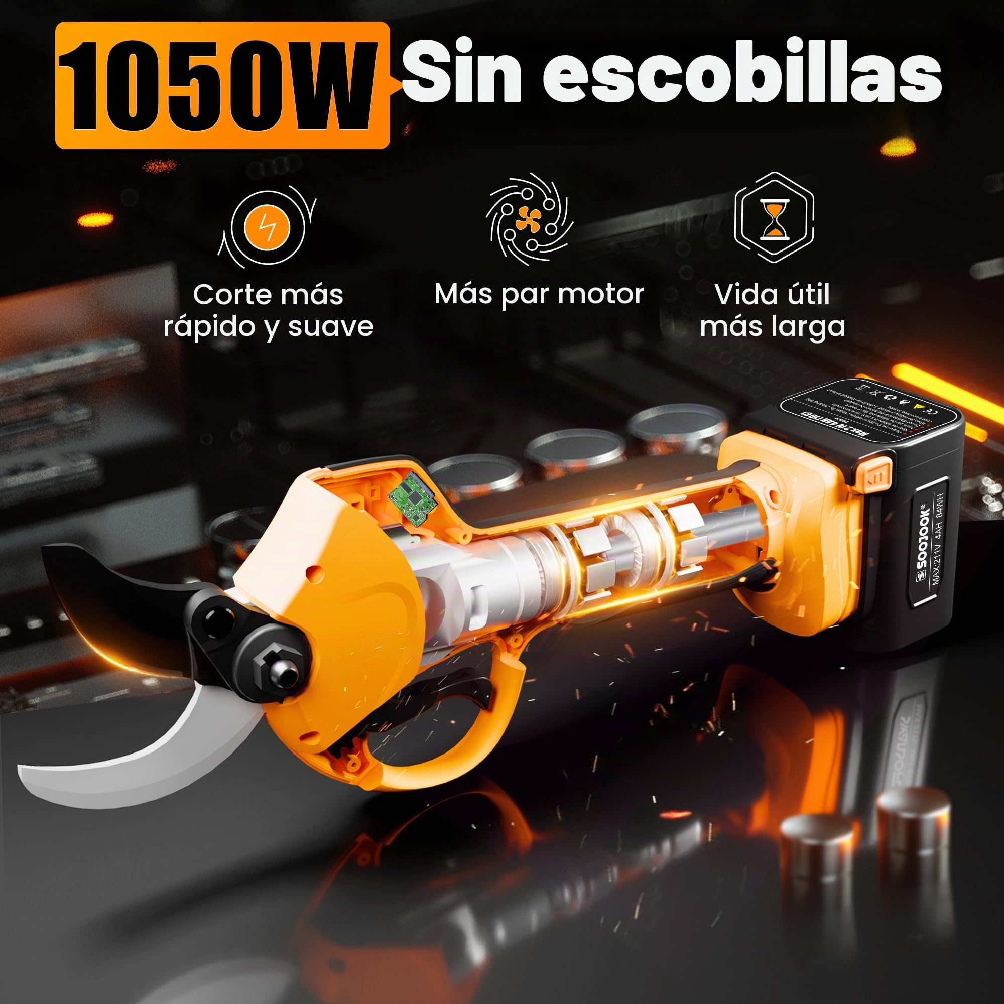 Tijeras de Podar Electricas 40mm - 8605PRO Podadoras Profesionales a Batería, 2x 21V 4A 1050W Podadoras Eléctricas Progresivas a Batería para Ramas de Jardín, Viñedos, Olivos