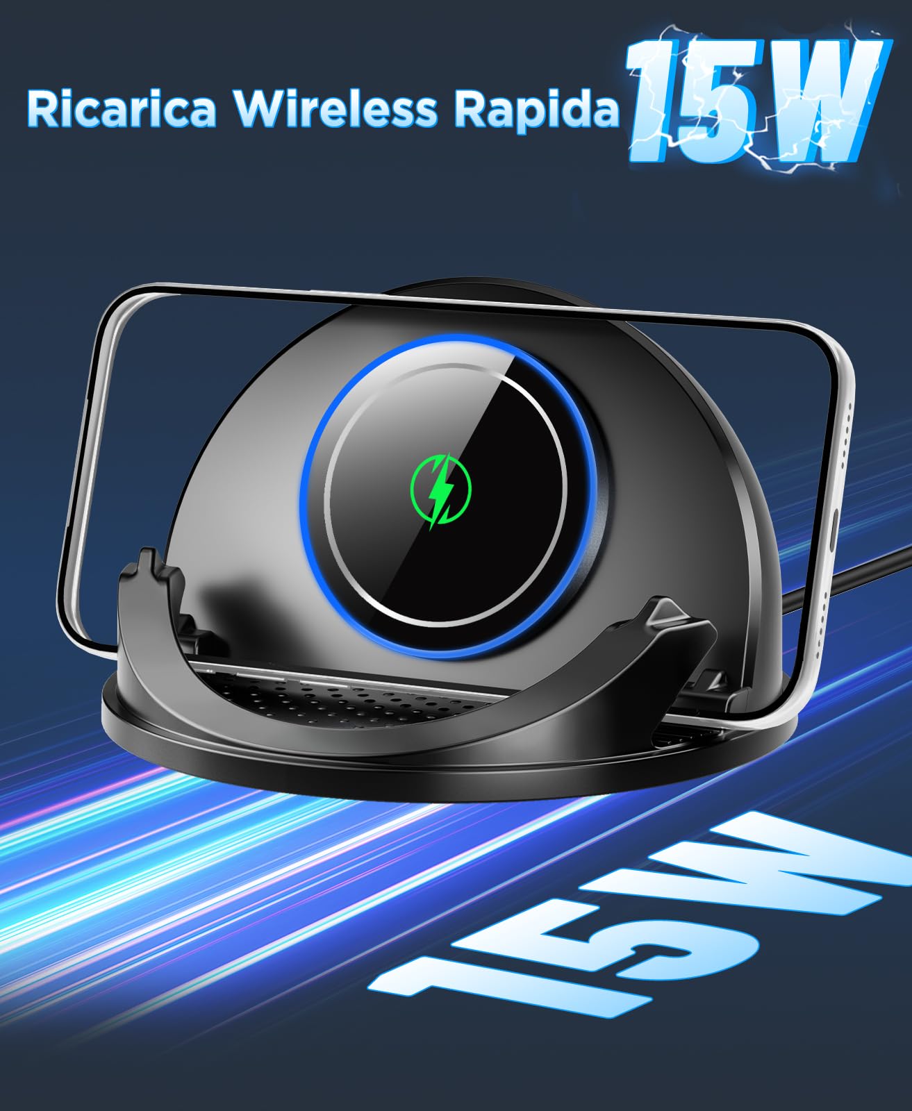 Beeasy Caricatore Wireless Auto, 15W Qi Caricabatterie Ricarica Rapida Supporto, [Ventola Integrata 2025], Antiscivolo Caricatore Auto Cruscotto per iPhone e Samsung