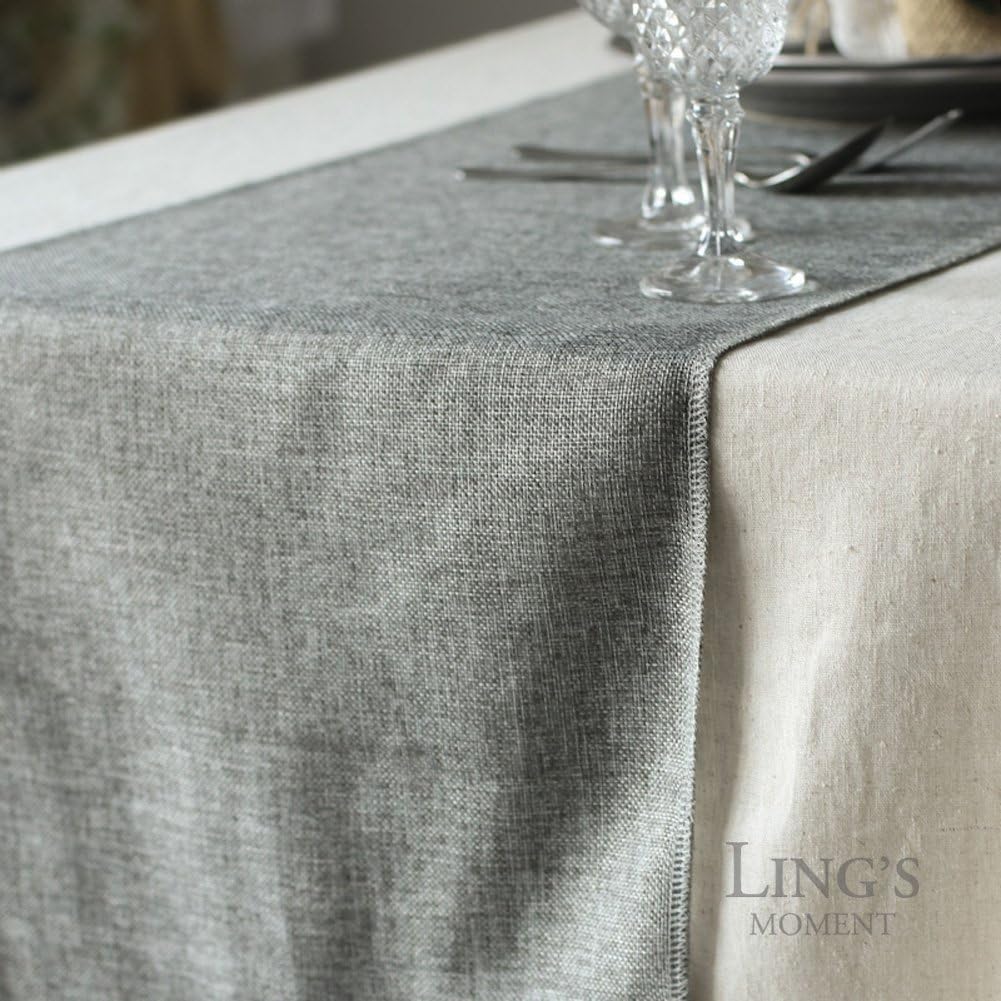 Ling's moment Faux Burlap Table Runner Gray Table Runner 14 x 120 Inch with Bow Ties for Farmhouse Table Runner Dresser Cover Runner Wedding Decorations Party Fall : Home & Kitchen