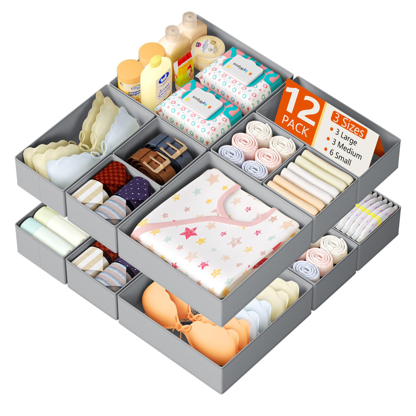 Organizador de Cajones Ropa Interior - Juego de 12 Cajas de Almacenaje Plegables de Tela No Tejida, Gris Claro