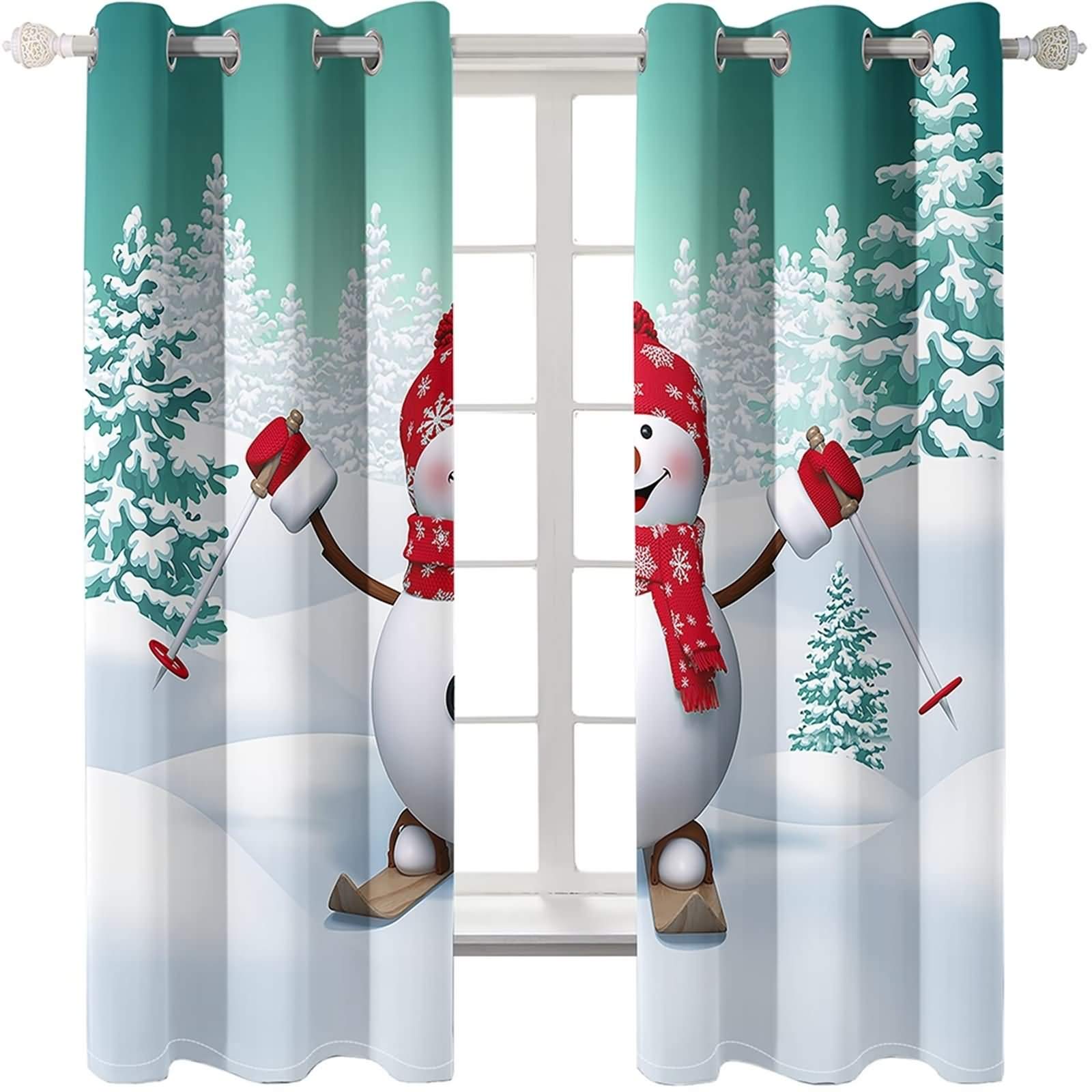 Epinki Zasłony poliestrowe białe zielone narty bałwan zasłony zaciemniające, dostępne w 21 rozmiarach, rozmiar 274 x 115 cm