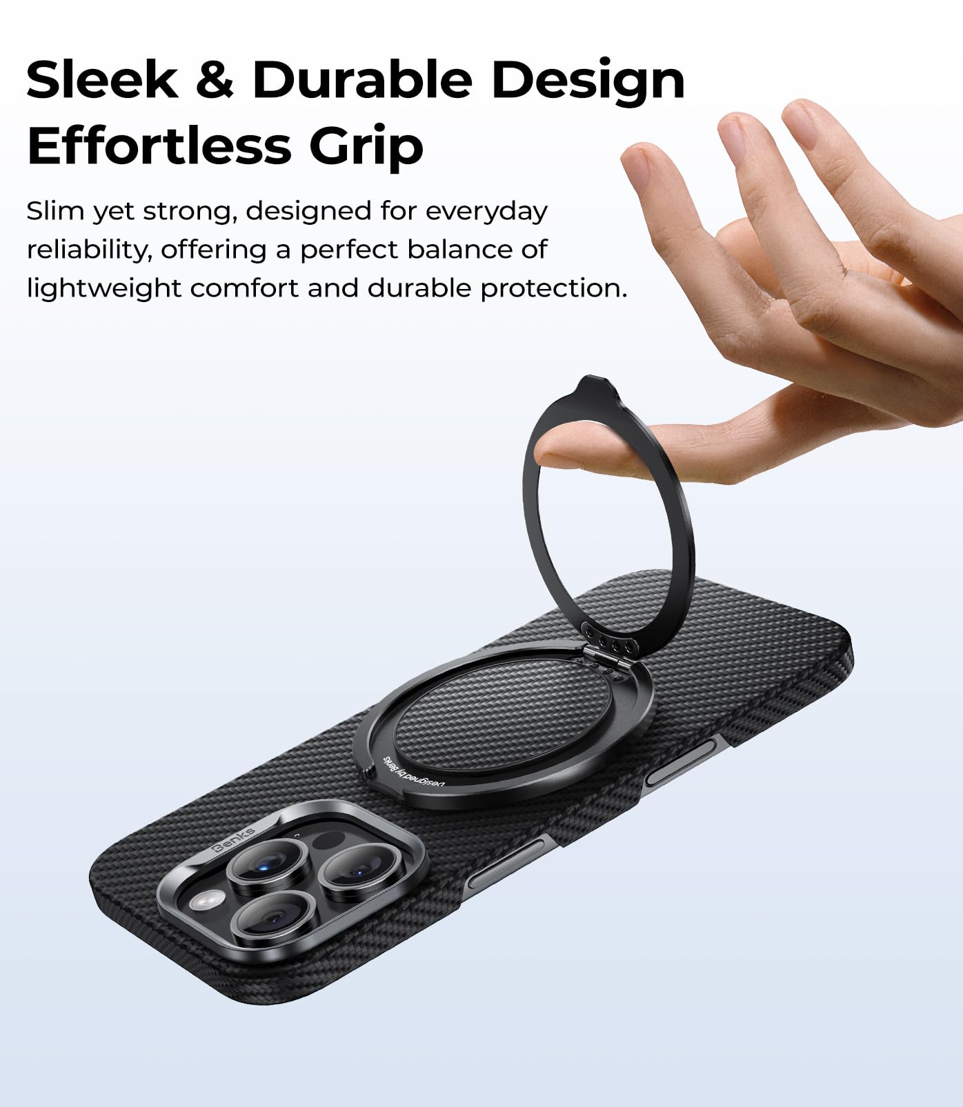 BENKS Anneau Téléphone Magnétique pour MagSafe Support et Grip 2-en-1, Rotation 360°, Support 180°, Kevlar Anneau avec Sangle, Poignée Ergonomique pour iPhone 17/16/15/14/13 Pro Max