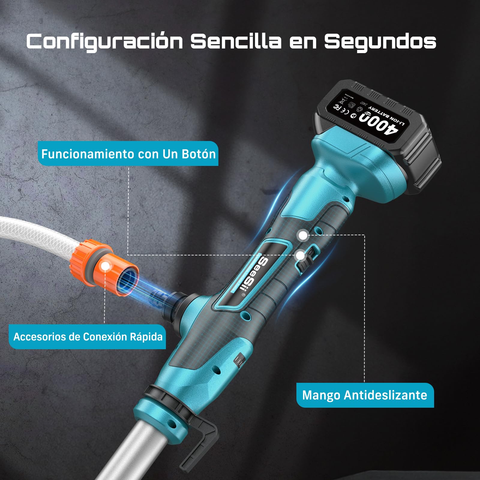 SEESII Bomba de agua inalámbrica en bastón, batería 4000 mAh 21V, 720 GPH, elevación 32 pies, salida 3/4". Ideal para drenaje de piscinas, jardines, estanques, RV y barcos. Ligera y portátil