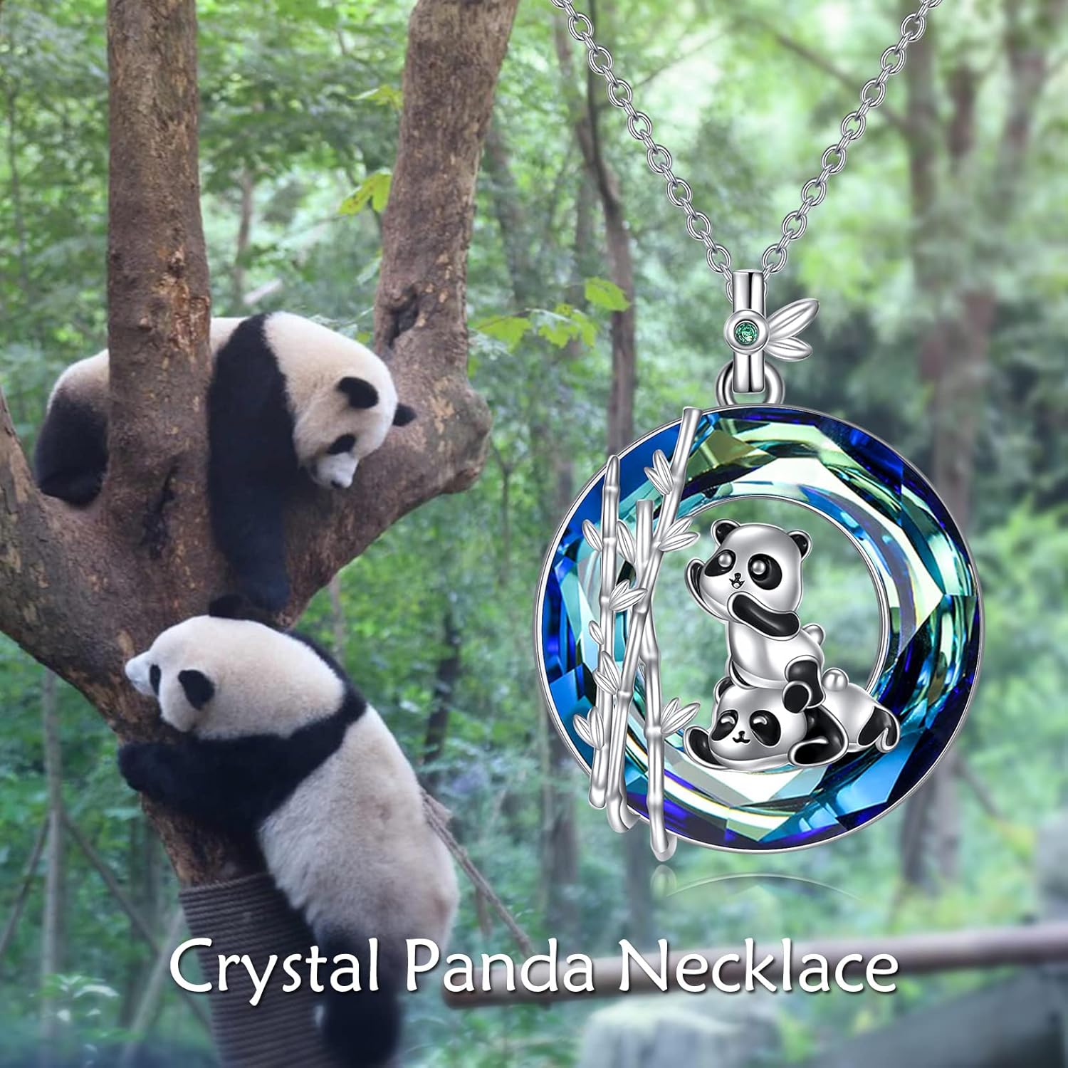 YFN Panda Sterling Silver Panda Bamboo Pendant Necklace with Blue Crystal - Image 4
