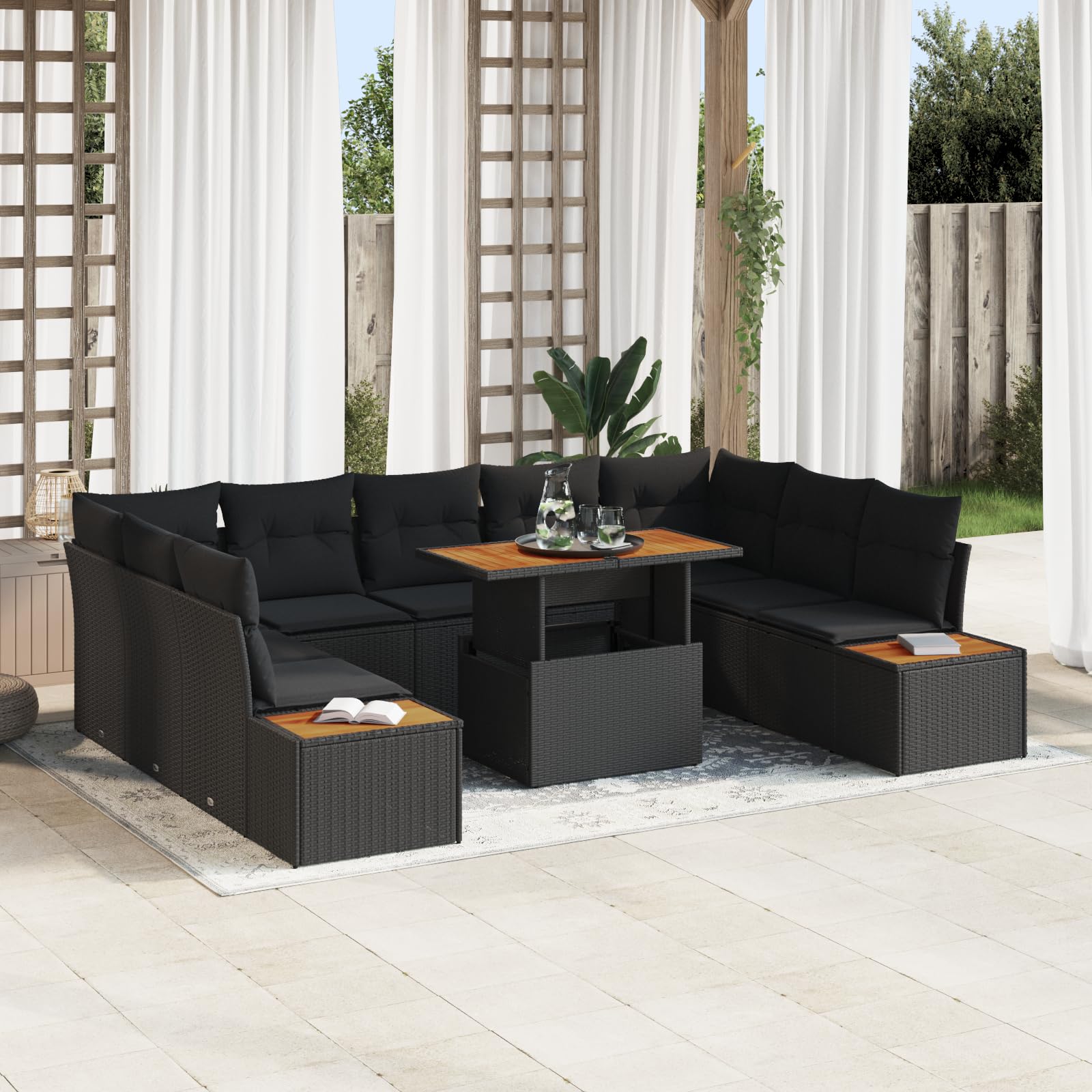 6-częściowy zestaw mebli ogrodowych z poduszkami, czarny polirattan, modułowe meble outdoorowe na taras i balkon, odporny na warunki atmosferyczne, ręcznie tkany rattanowy design z wygodnymi