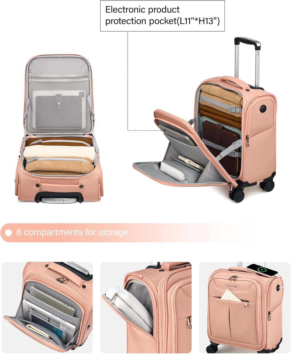 Hanke Underseat Carry On Luggage with Wheels, Lightweight Small Suitcase Airline Approved 16 Inch Softside Personal Item Travel Bag for Women Men, Compact Under Seat Luggage with Spinner Wheels.(Pink) - Image 6