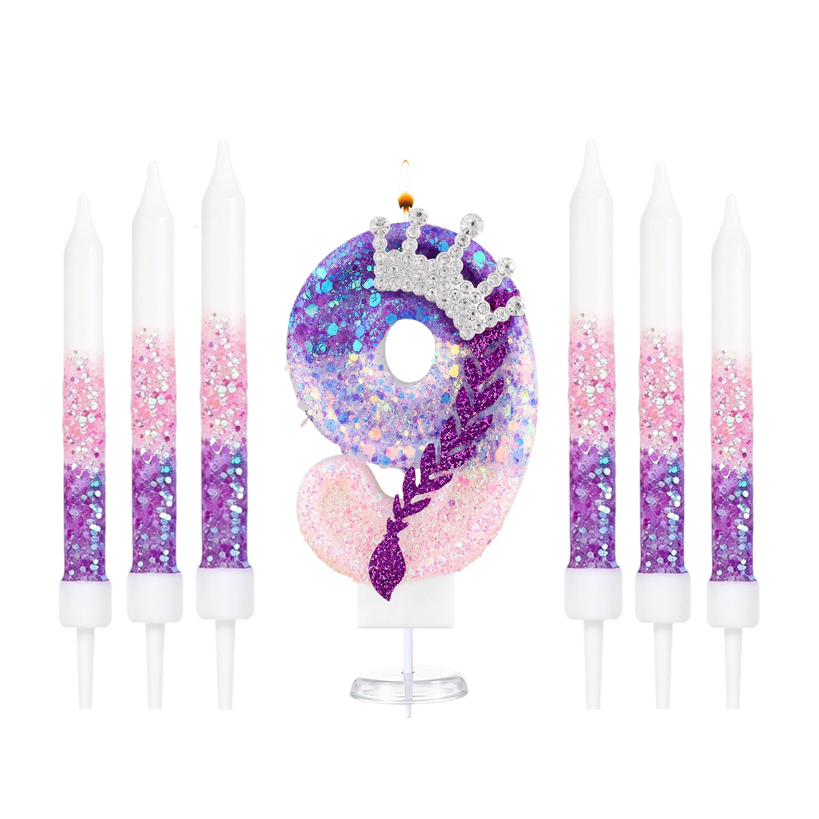 K Pop Number Birthday Candles, Glitter Crown Birthday Candle with 6 Pcs Long Candles, Stylish Kpop Music Themed Cake Topper for Girls Birthday Party Supplies (9 Candle,K Pop)