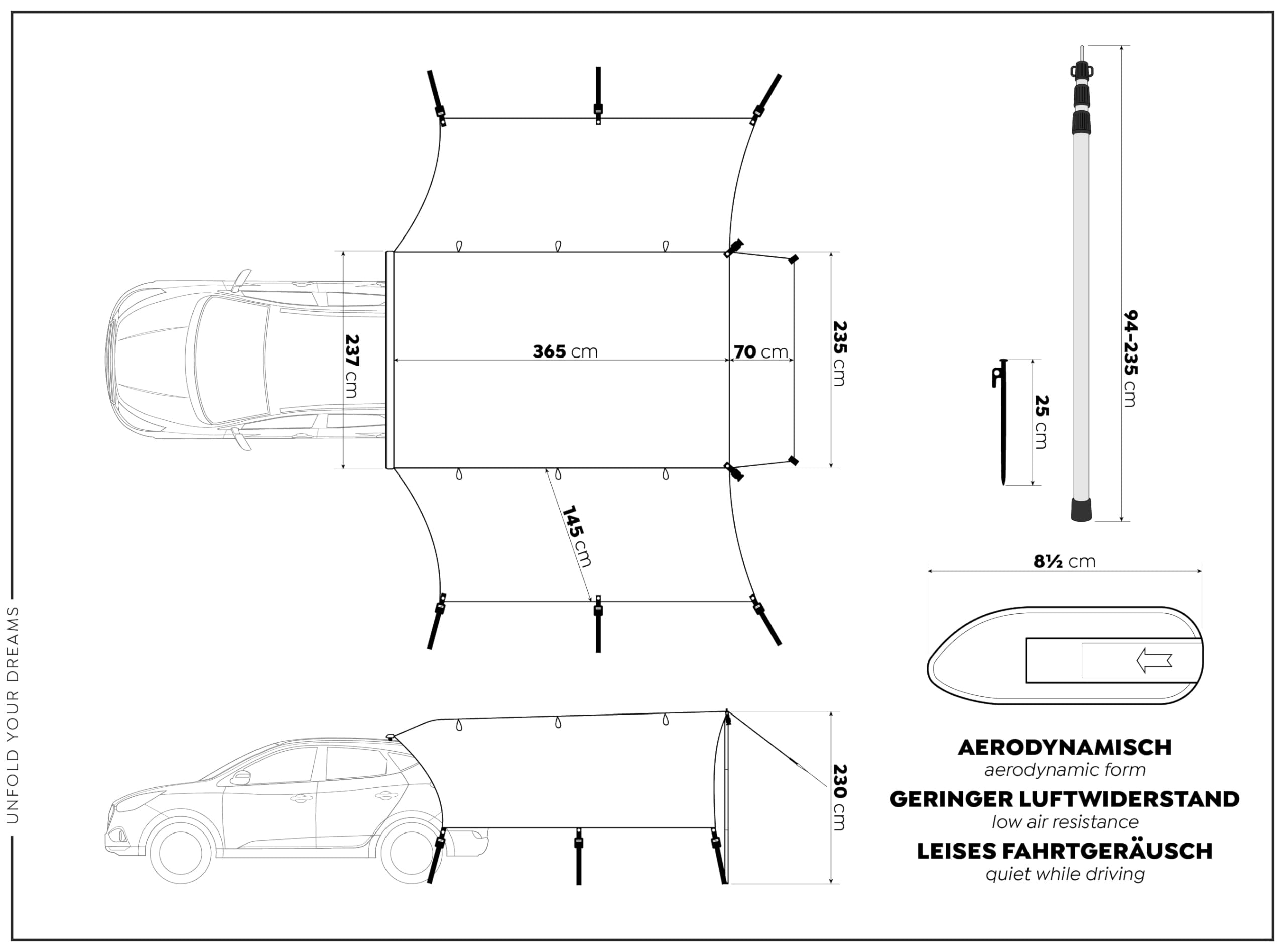 CampAir Auto Vorzelt Markise mit UV50+, Sonnensegel mit Keder für SUV, PKW, Vans und Campingbusse, 2000mm WS, inkl. Teleskopstangen und Dachträger, schwarz, 6kg | UV50+, 2000 mm Wassersäule, 300D Oxford-Polyester, Höhenverstellbar 94-237 cm, inkl. Abspann