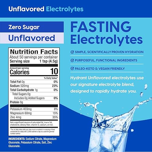 Miniatura 2 de HYDRANT Electrolitos de ayuno a granel, suplemento de ayuno sin sabor sin azúcar en polvo, paleo, keto y vegano, hidratación diaria (50 porciones)
