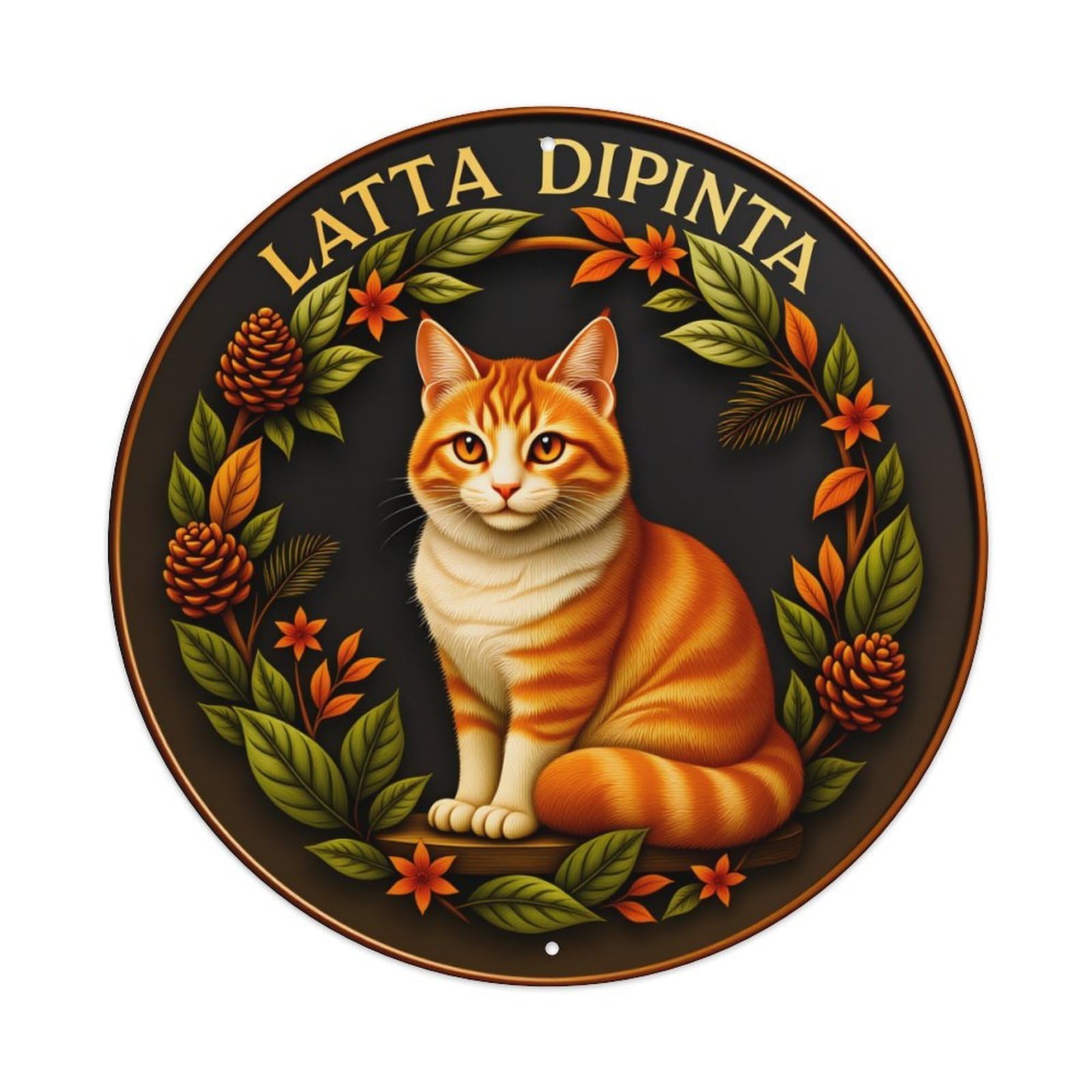 Cat Floral Pinecone Autumn Leaves Round Tin Sign Vintage Style Metal Sign Home Bar Garden Wall Plaque Decor Metal Poster 8x8 Inch