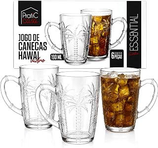Conjunto De Canecas Vidro Hawai Pratic Casa 190ml Com 6 Peças | Design Tropical, Alça Ergonômica, Quente e Frio, Vidro Resistente, Embalagem Para Presente