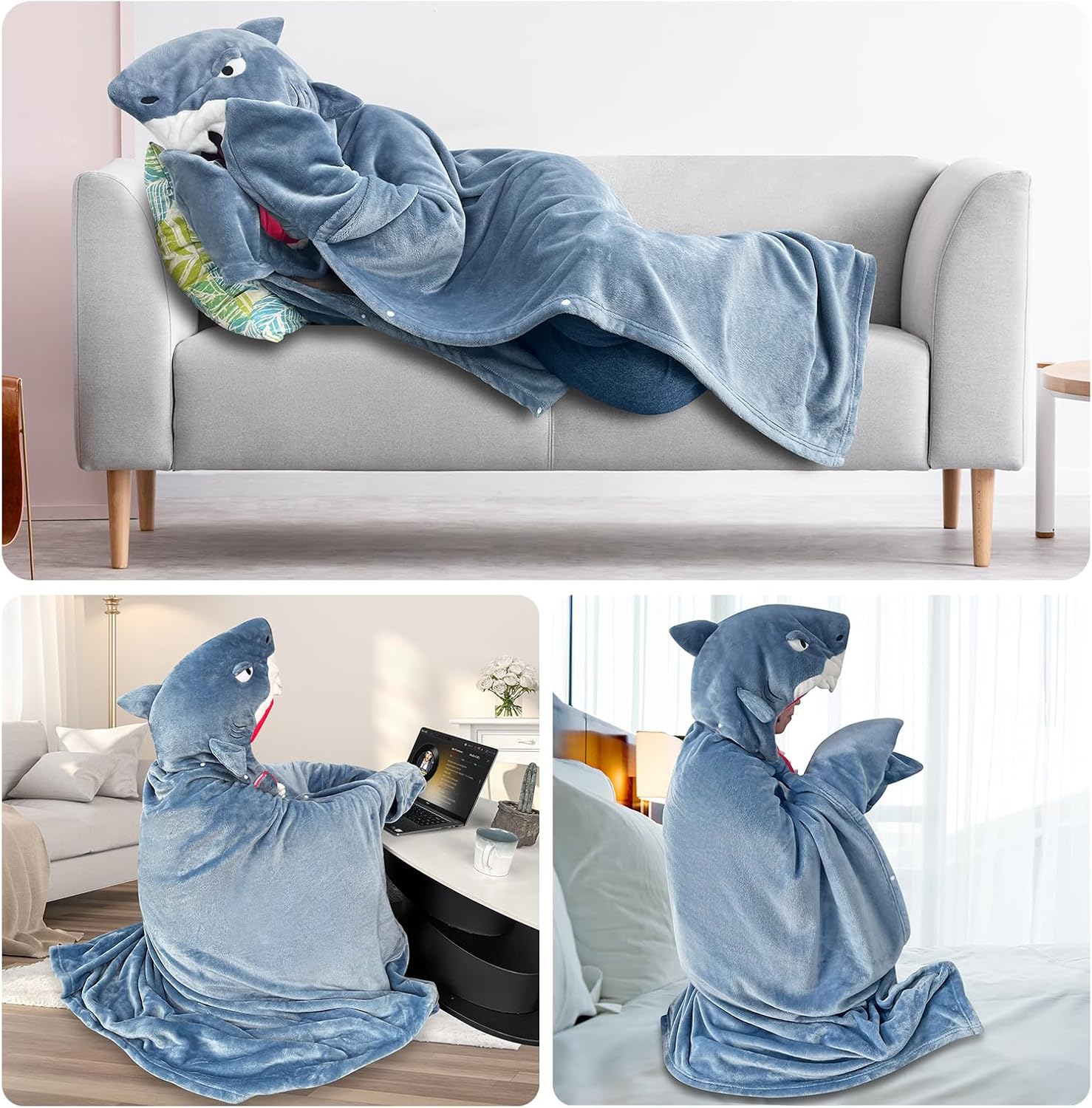 Shark Wearable Blanket Hoodie for Women and Kids, With Premium Soft Cozy Flannel, Detachable Head, Funny & Versatile Throw Wrap With Easy Movement, Shark Gifts for Adults,Oversized