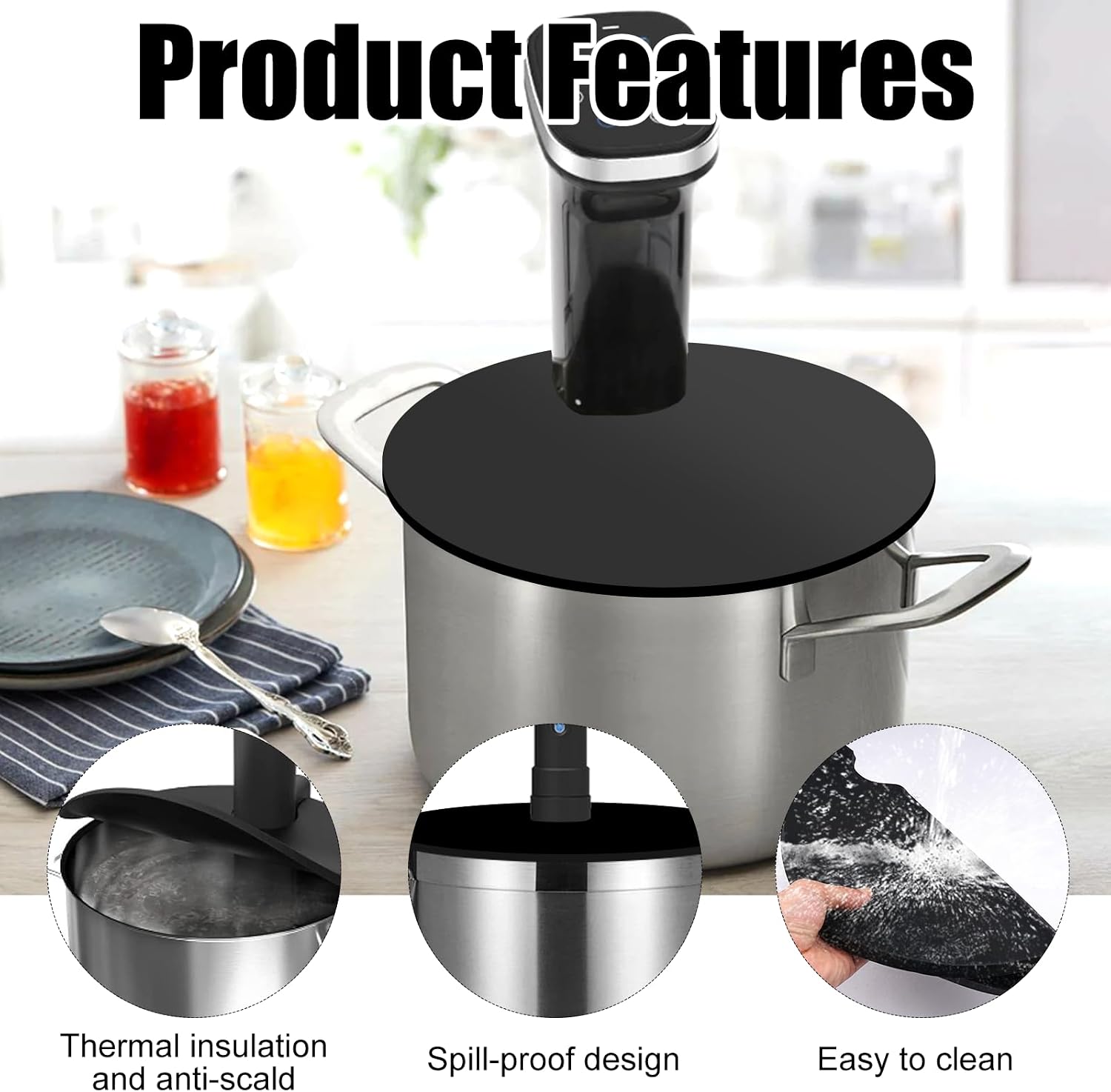 Pack of 3 Sous Vide Silicone Lids, 28 cm Sous Vide Lid Silicone with Silicone Dishwasher Brush, Pack of 2, Sous Vide Lid for Precise Cooking, Silicone, Sous Vid e Precision Cooker, Silicone Lid, for image 3
