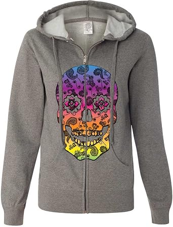Dolphin Shirt Co Neon Paisley Print Sugar Skull Ladies Zip-Up Hoodie