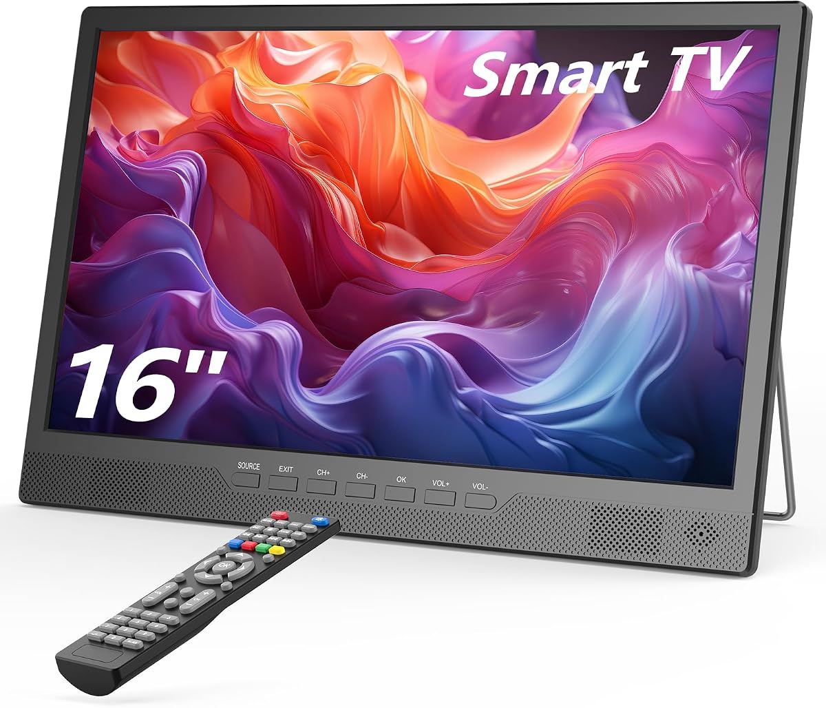 16" Small Smart TV, LCD Small Kitchen TV with WiFi | Bulit-in 180°Adjustable Stand/ATSC Tuner/HDMI/USB/AV for Camping, Bedroom, RV, Patio, Indoor & Outdoor Use