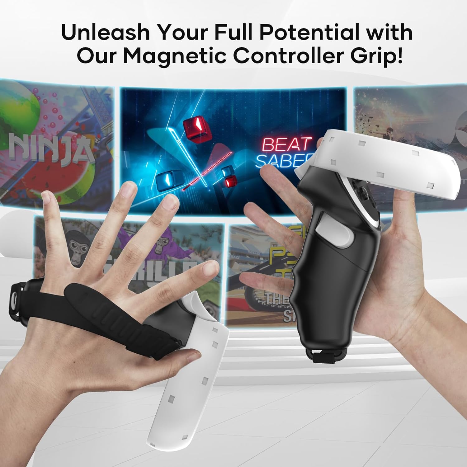 Magnetic Controller Grips for Meta Quest 2 | Ergonomic Design | Quick Installation | Compatible with Charging Dock | Extended Length | Silicone Wrist Strap (Black, Quest 2)