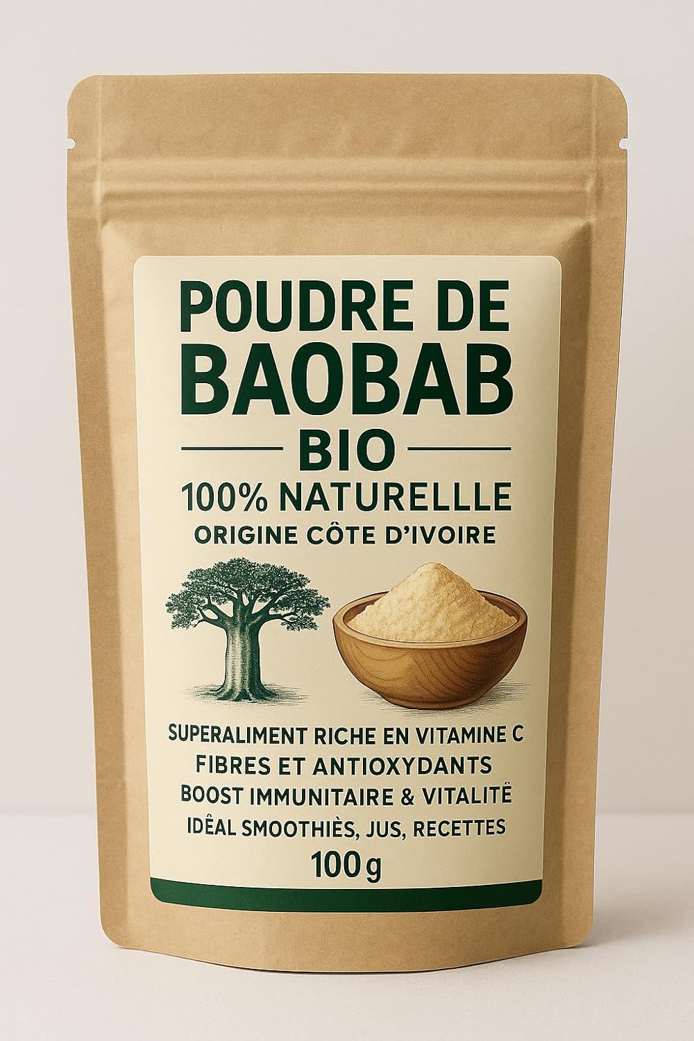 100% Natural Organic Baobab Powder – Ivory Coast – Superfood Rich in Vitamin C, Fibres and Antioxidants – Immune Boost & Vitality – Ideal Smoothies, Juices, Recipes – 100g 100% Natural Organic Baobab Powder – Ivory Coast – Superfood Rich in Vitamin C, Fibres and Antioxidants – Immune Boost & Vitality – Ideal Smoothies, Juices, Recipes – 100g
