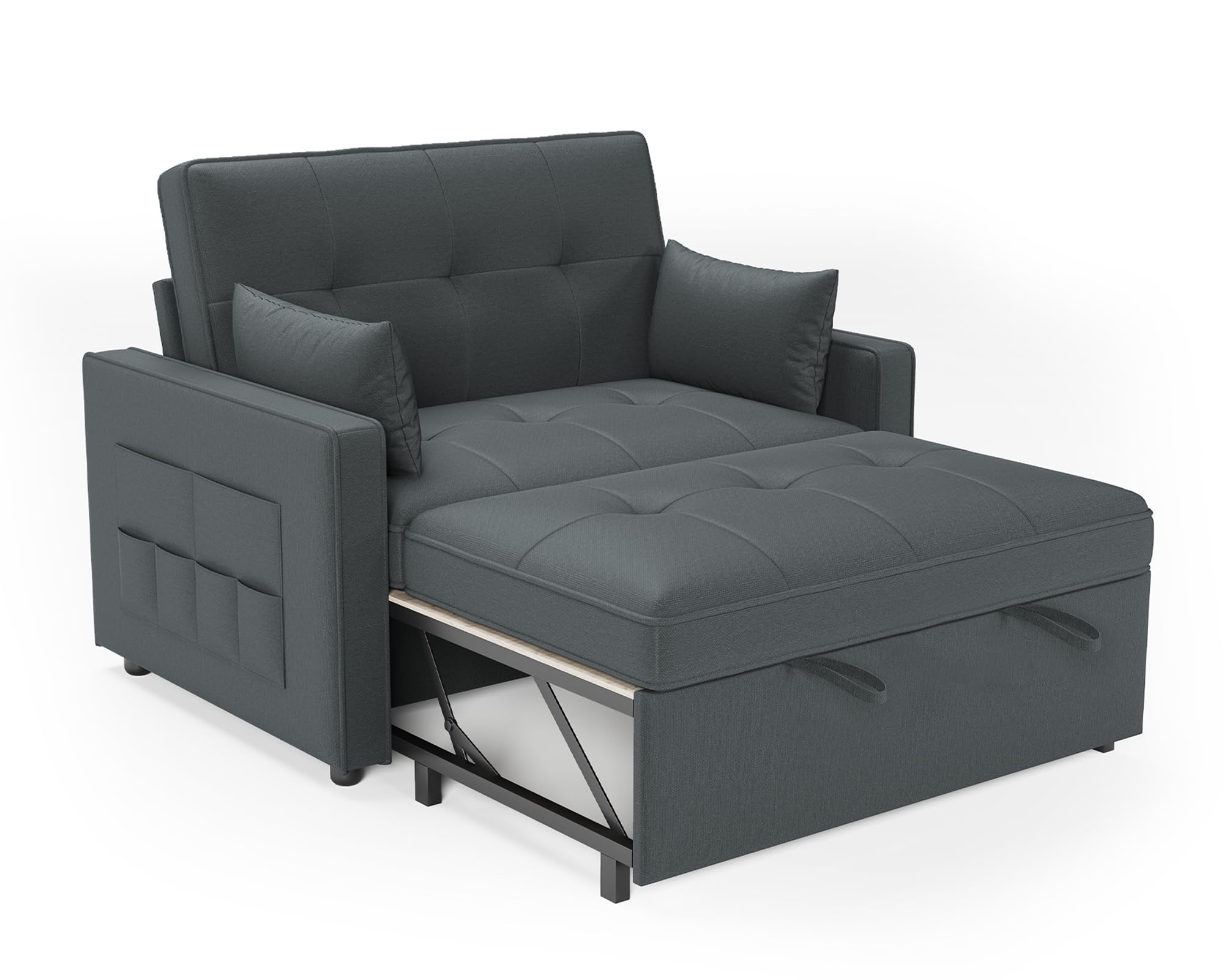 LUXOAK Schlafsofa 186 x 122 cm mit 5-stufig Verstellbarer Rückenlehne, 3-in-1 Schlafcouch mit Kissen und Seitentasche, graues Leinen-Sofa für Gästezimmer & kleine Räume