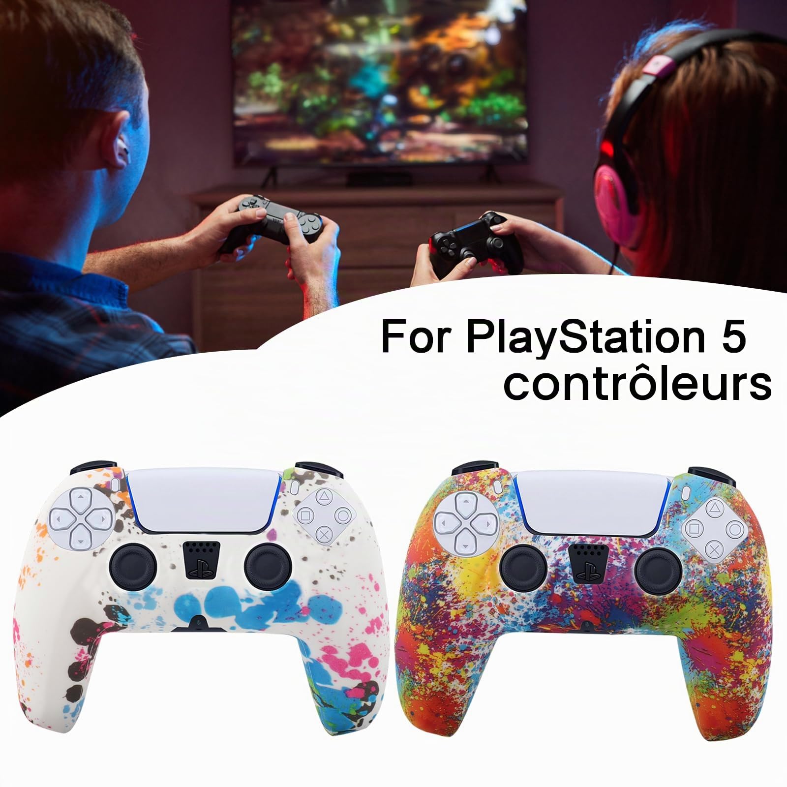 Lot de 2 coques de protection antidérapantes en silicone pour manette de PS5 avec 8 capuchons de pouce - Colorés