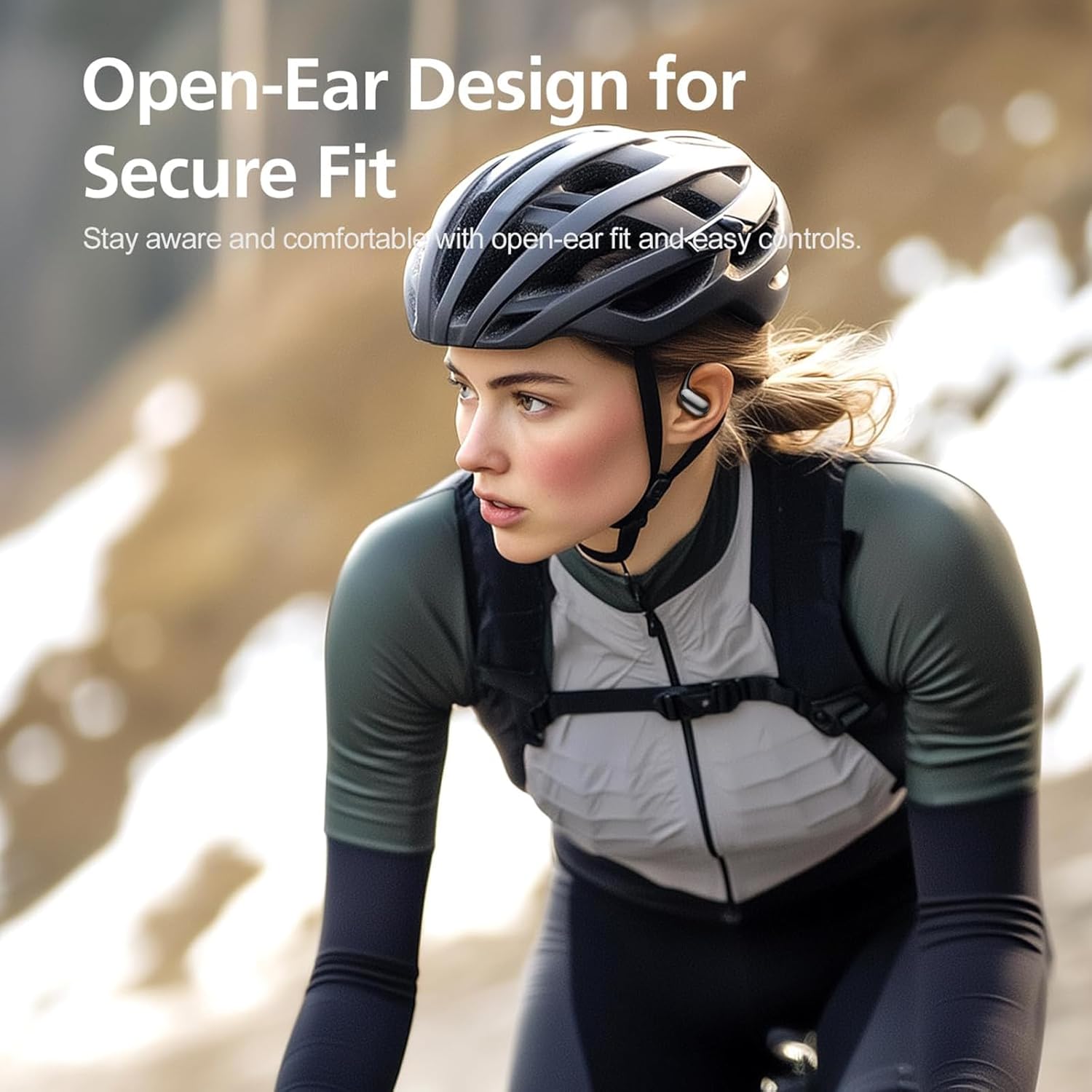 Person wearing FocoMyLord AI Translation Earbuds while cycling, demonstrating secure fit