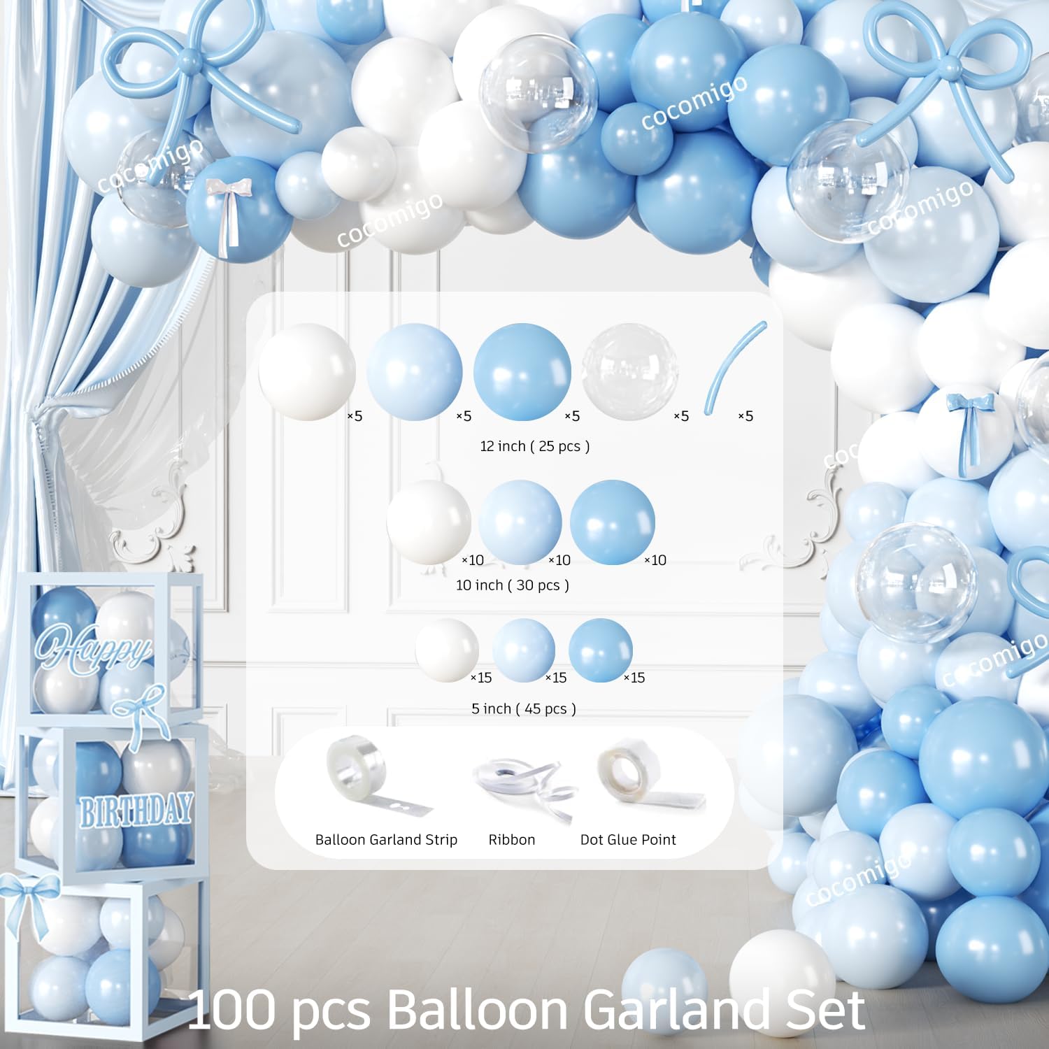 cocomigo 288 PCS Blue Bow Birthday Decorations, Hassle-Free One-Stop Set for 25 Guests, With Balloon, Backdrop, Fringe Curtains, Plates and Napkins, Easy Setup for Bow Themed Party